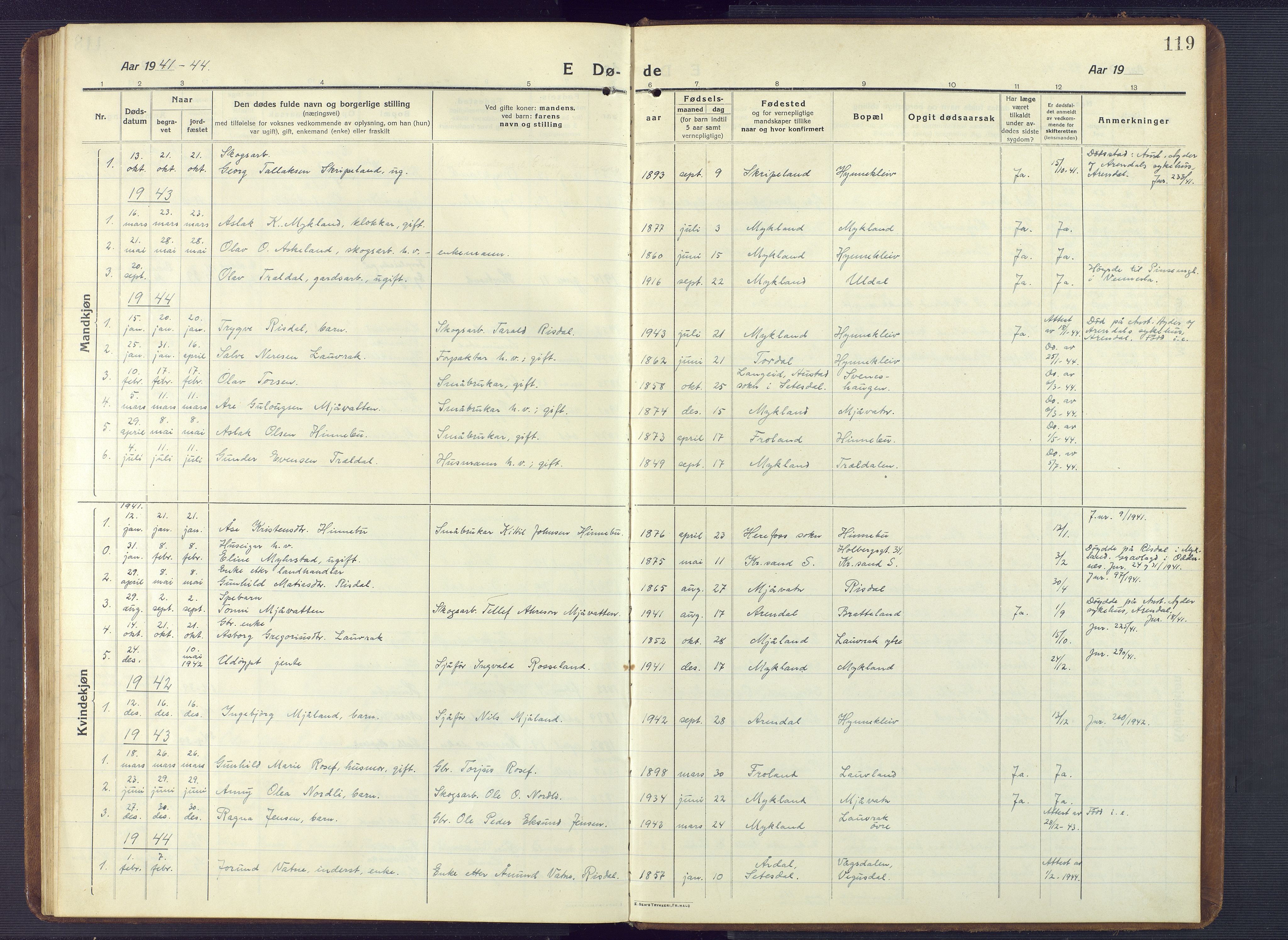 Herefoss sokneprestkontor, AV/SAK-1111-0019/F/Fb/Fbc/L0004: Parish register (copy) no. B 4, 1914-1946, p. 119