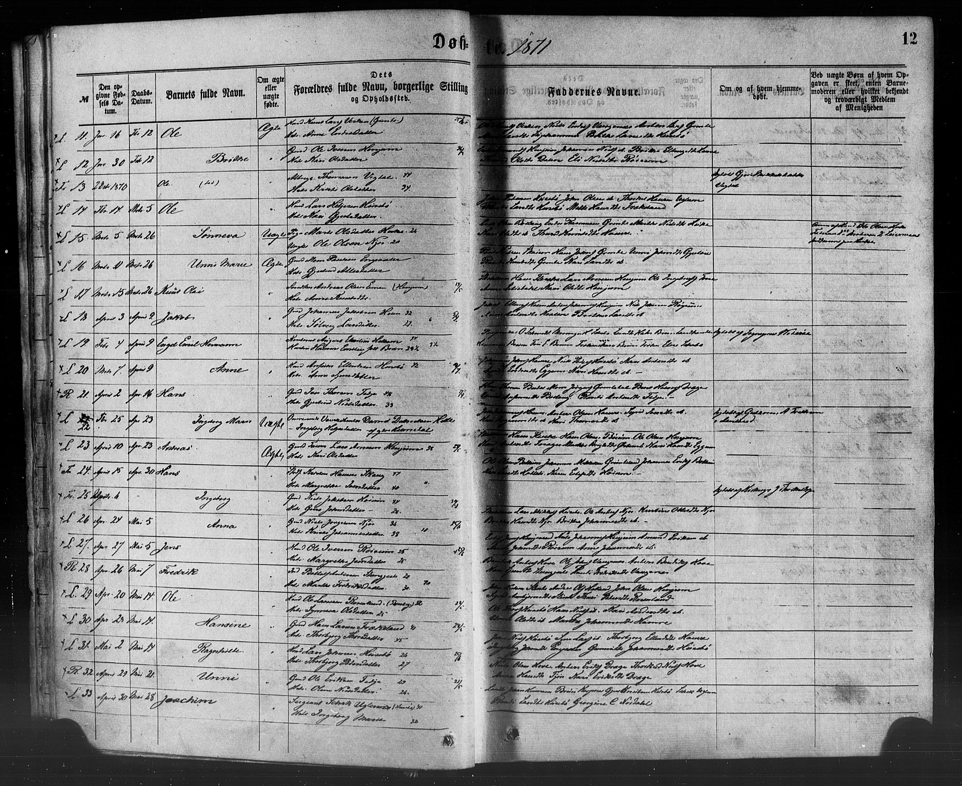 Leikanger sokneprestembete, AV/SAB-A-81001/H/Haa/Haaa/L0009: Parish register (official) no. A 9, 1869-1888, p. 12