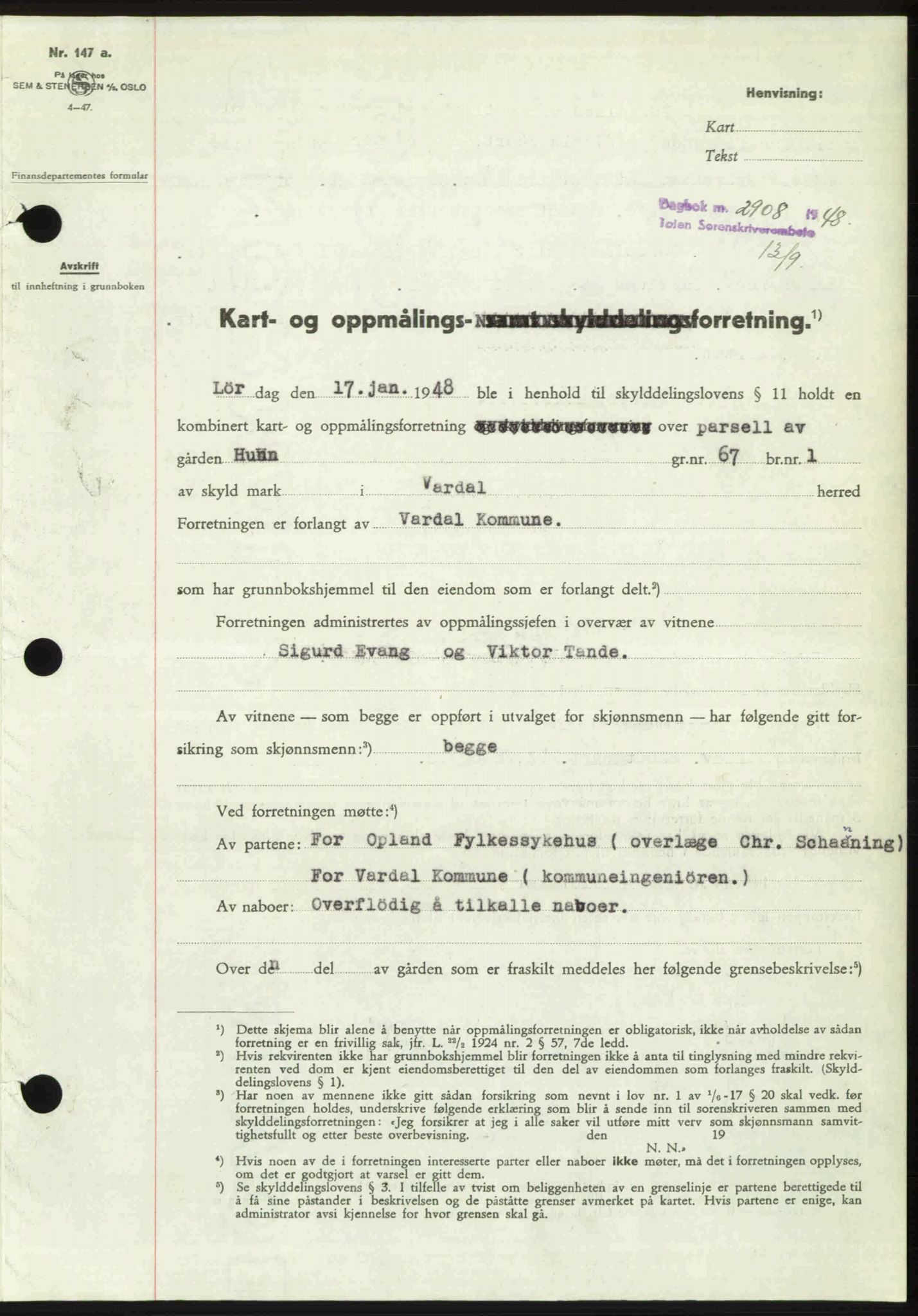 Toten tingrett, SAH/TING-006/H/Hb/Hbc/L0020: Mortgage book no. Hbc-20, 1948-1948, Diary no: : 2908/1948