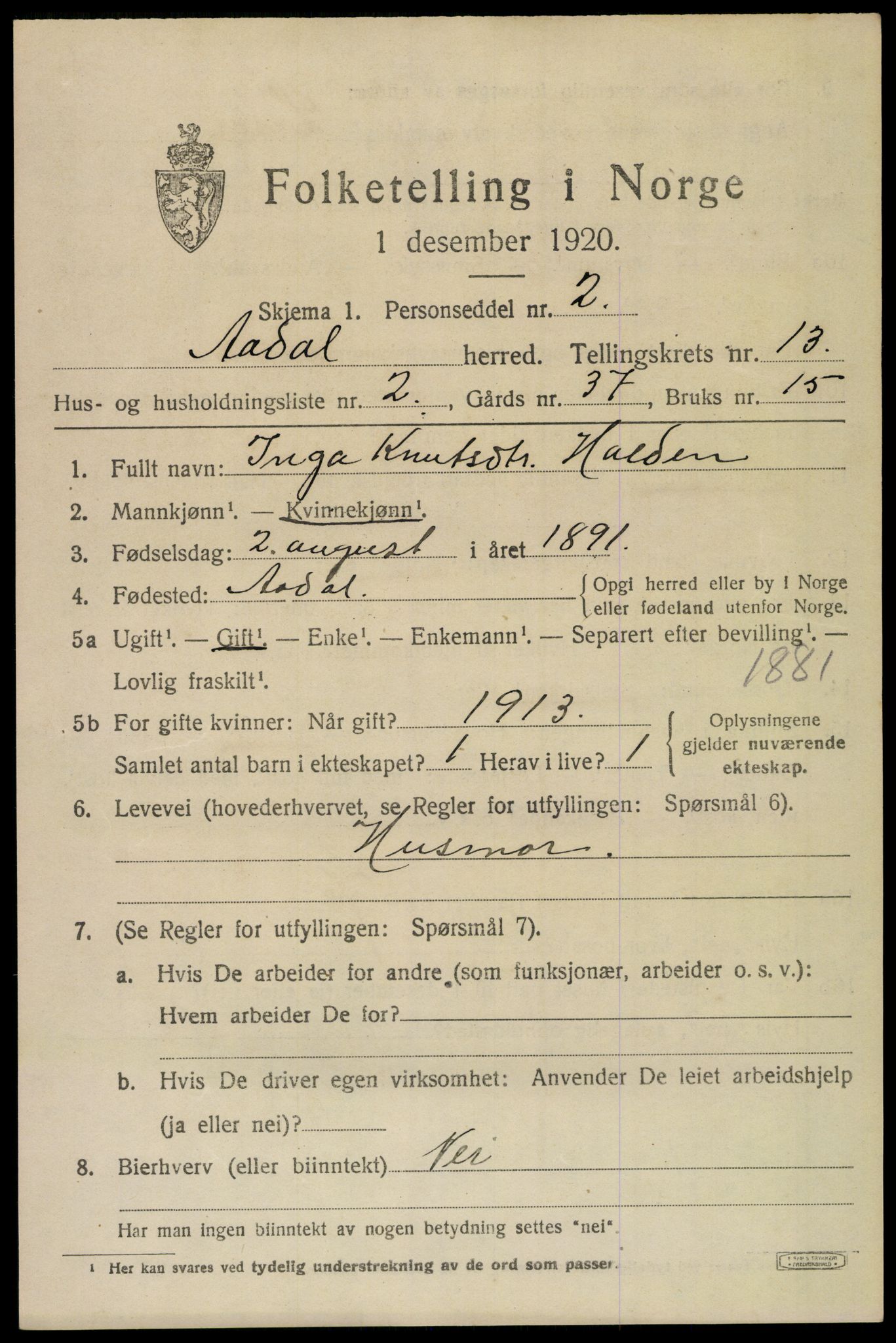 SAKO, 1920 census for Ådal, 1920, p. 7664