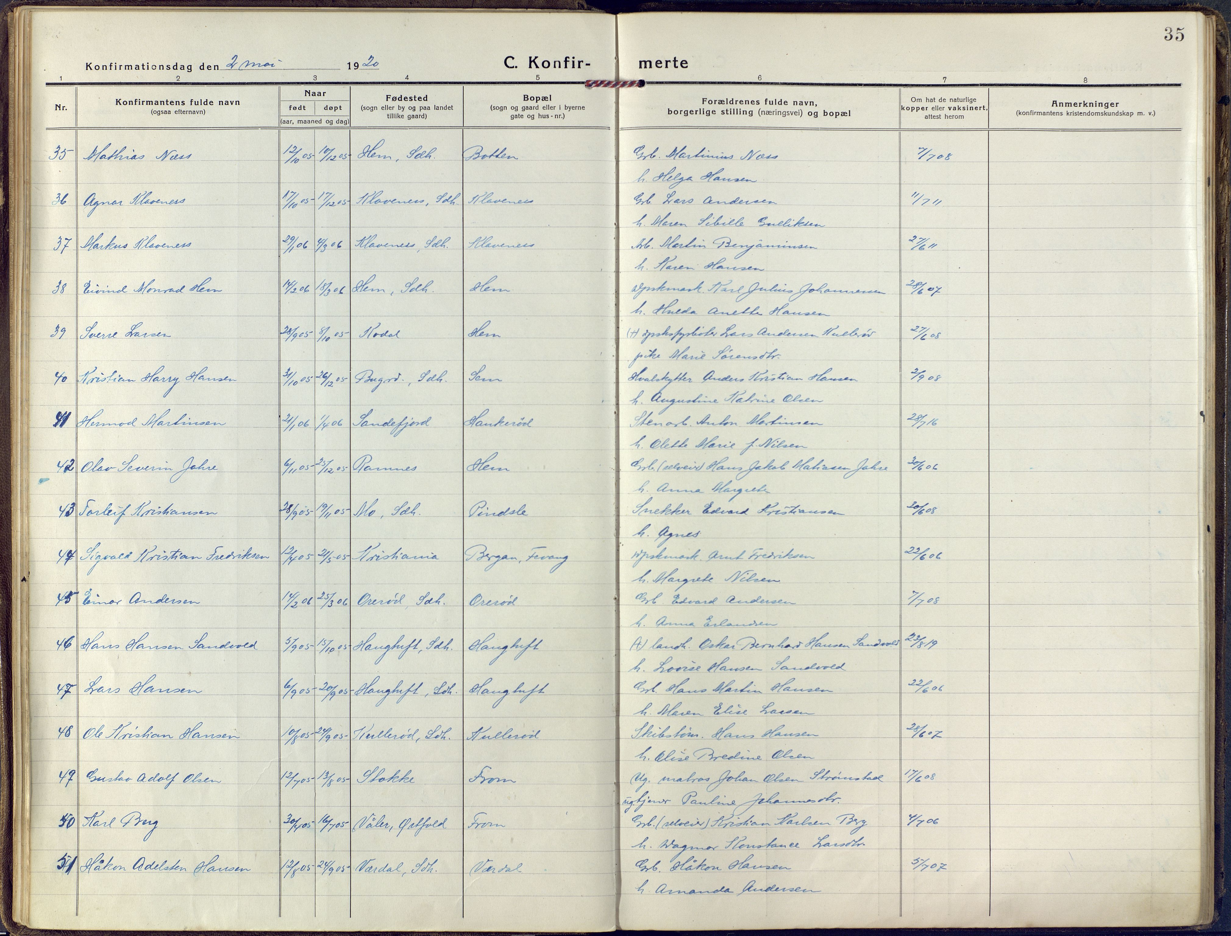 Sandar kirkebøker, AV/SAKO-A-243/F/Fa/L0018: Parish register (official) no. 18, 1917-1926, p. 35