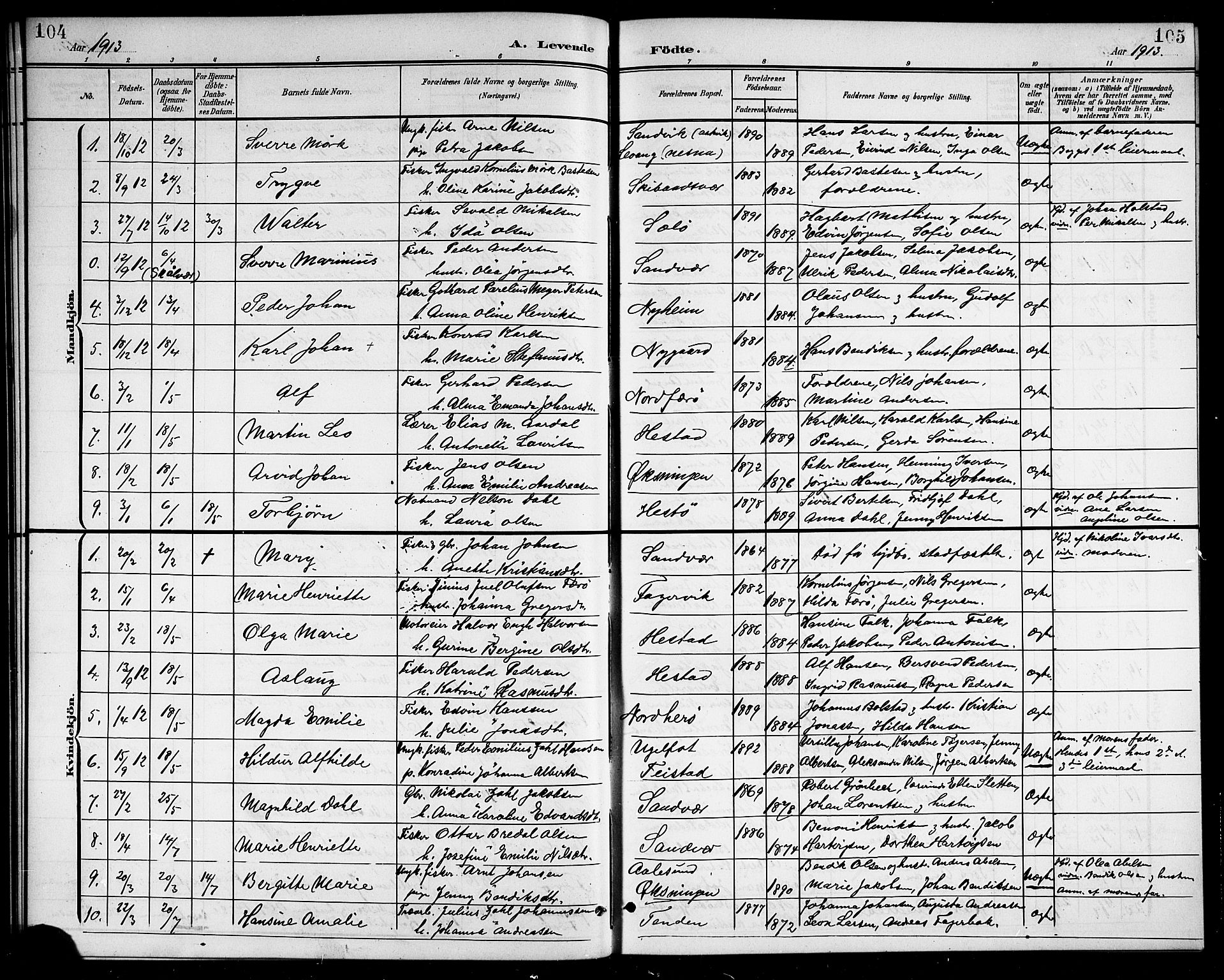 Ministerialprotokoller, klokkerbøker og fødselsregistre - Nordland, SAT/A-1459/834/L0516: Parish register (copy) no. 834C06, 1902-1918, p. 104-105