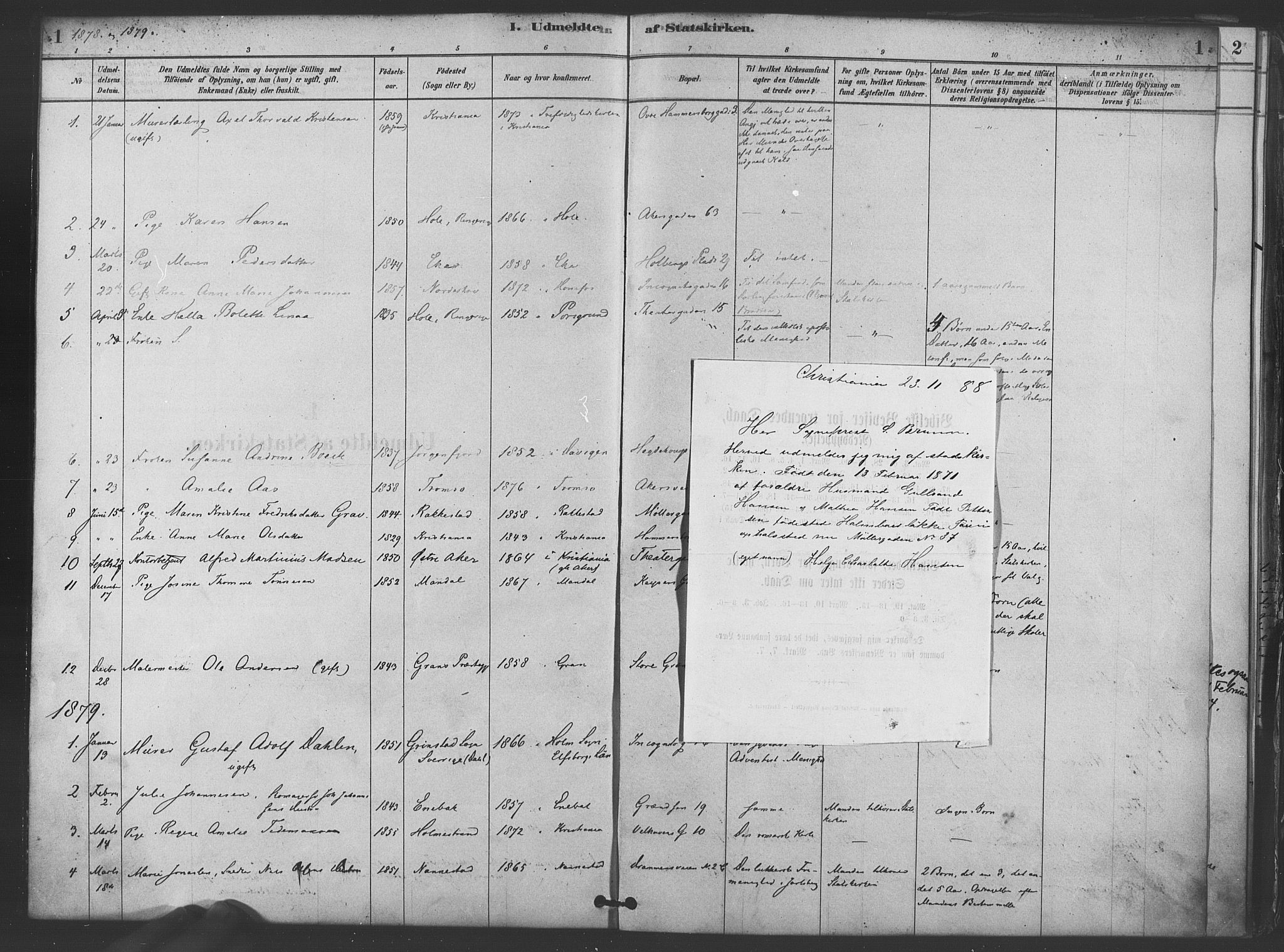 Trefoldighet prestekontor Kirkebøker, SAO/A-10882/F/Ff/L0001: Parish register (official) no. VI 1, 1878-1890, p. 1