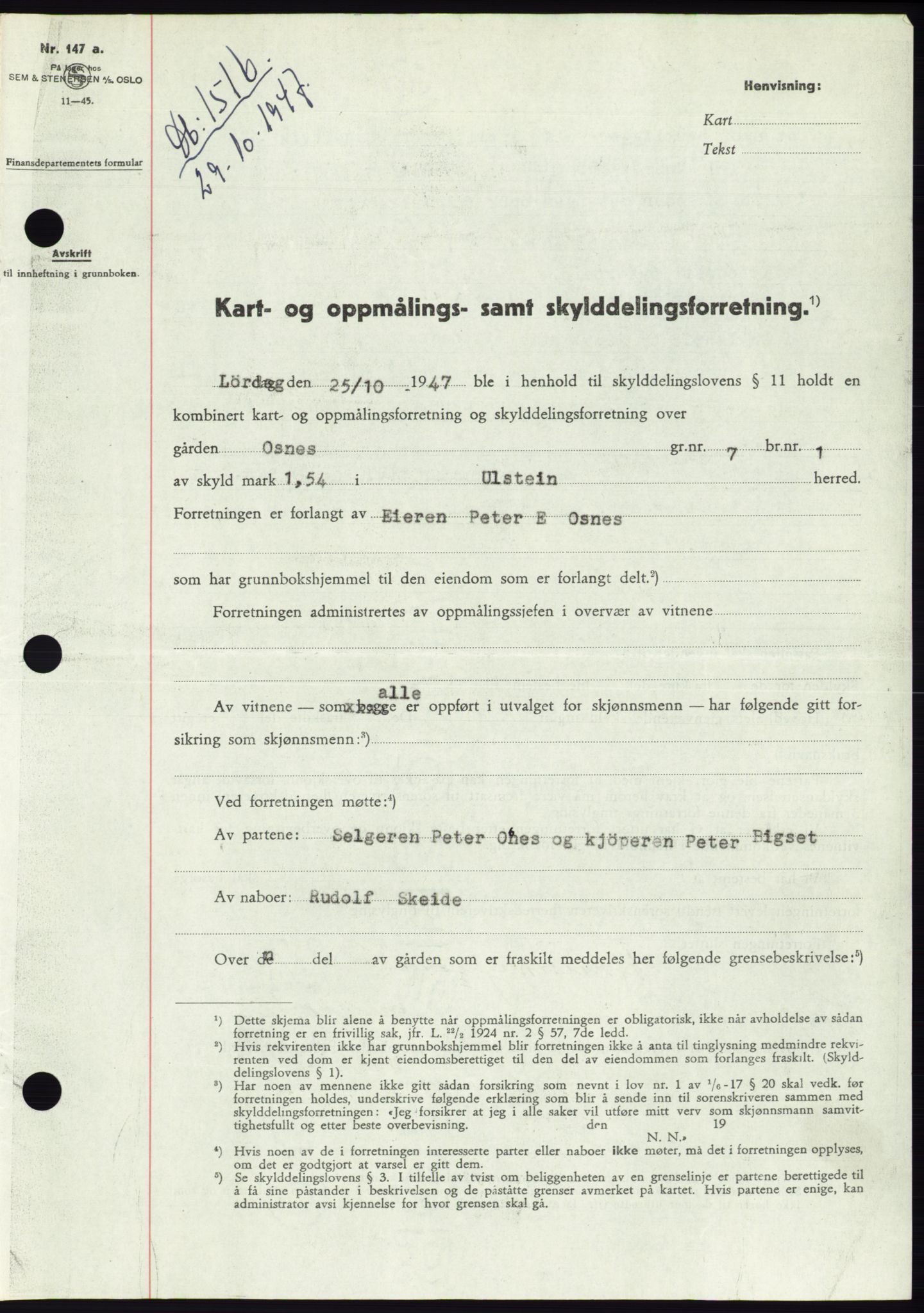 Søre Sunnmøre sorenskriveri, AV/SAT-A-4122/1/2/2C/L0081: Mortgage book no. 7A, 1947-1948, Diary no: : 1516/1947