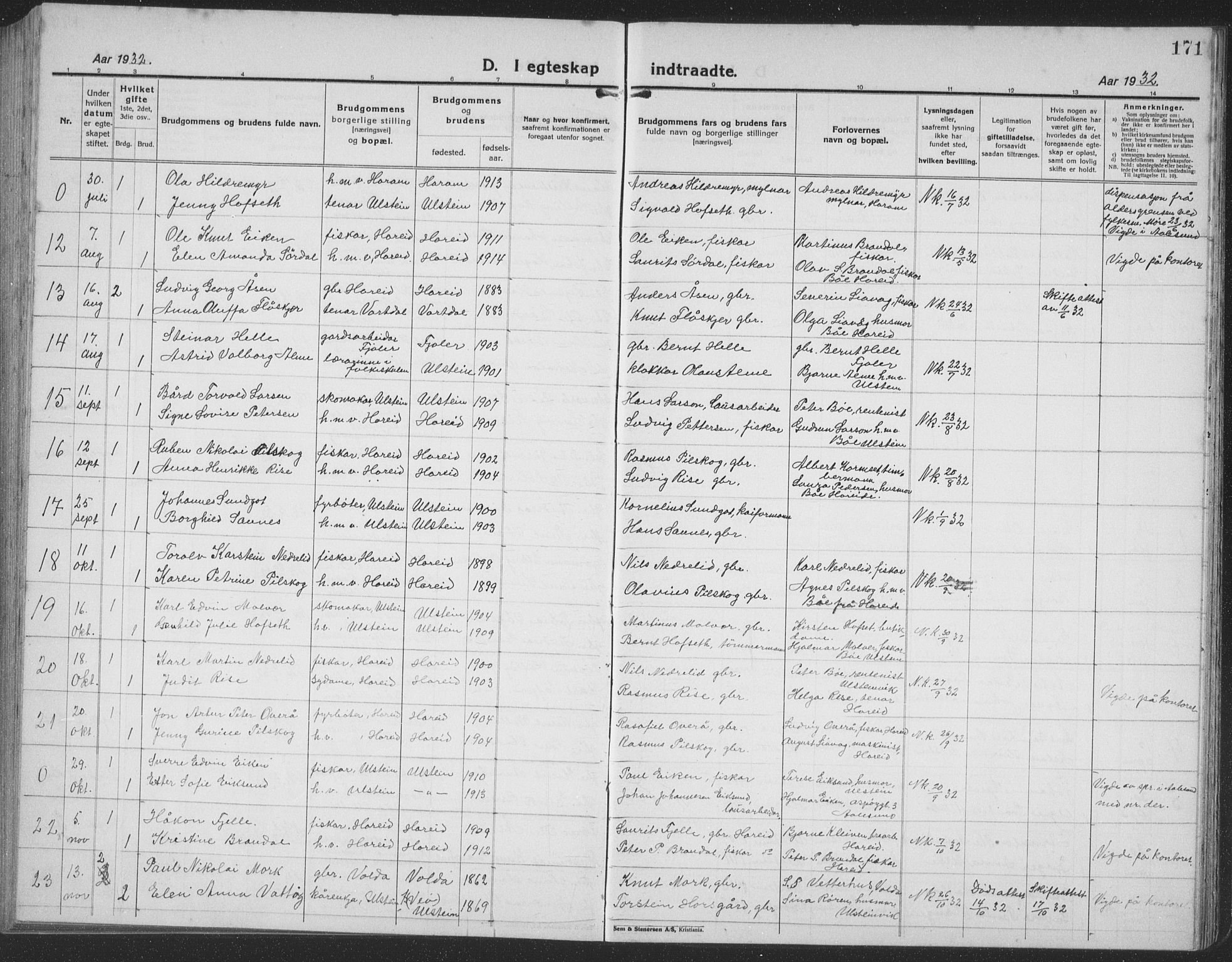 Ministerialprotokoller, klokkerbøker og fødselsregistre - Møre og Romsdal, SAT/A-1454/509/L0113: Parish register (copy) no. 509C03, 1923-1939, p. 171