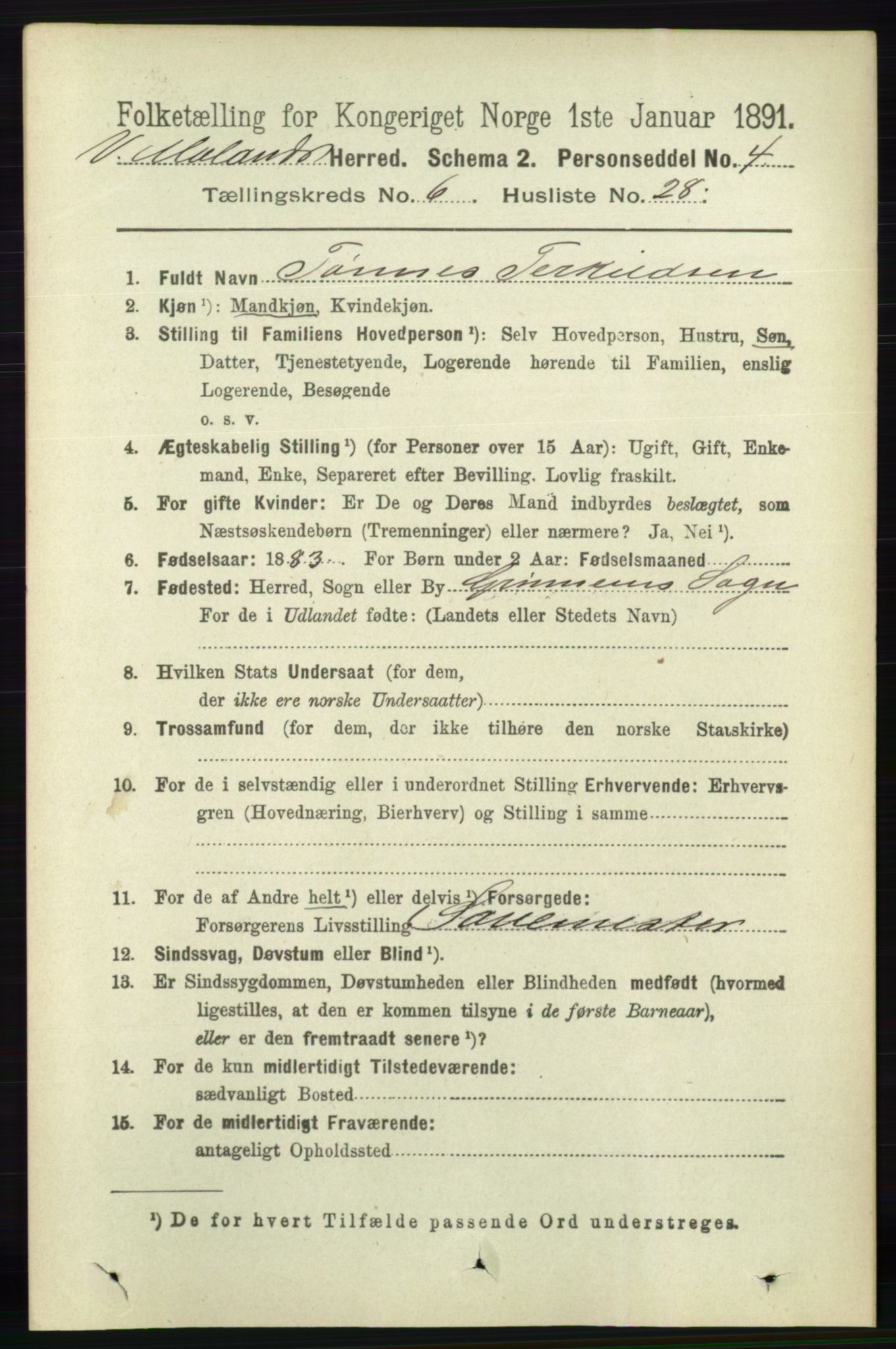 RA, 1891 census for 0926 Vestre Moland, 1891, p. 2485