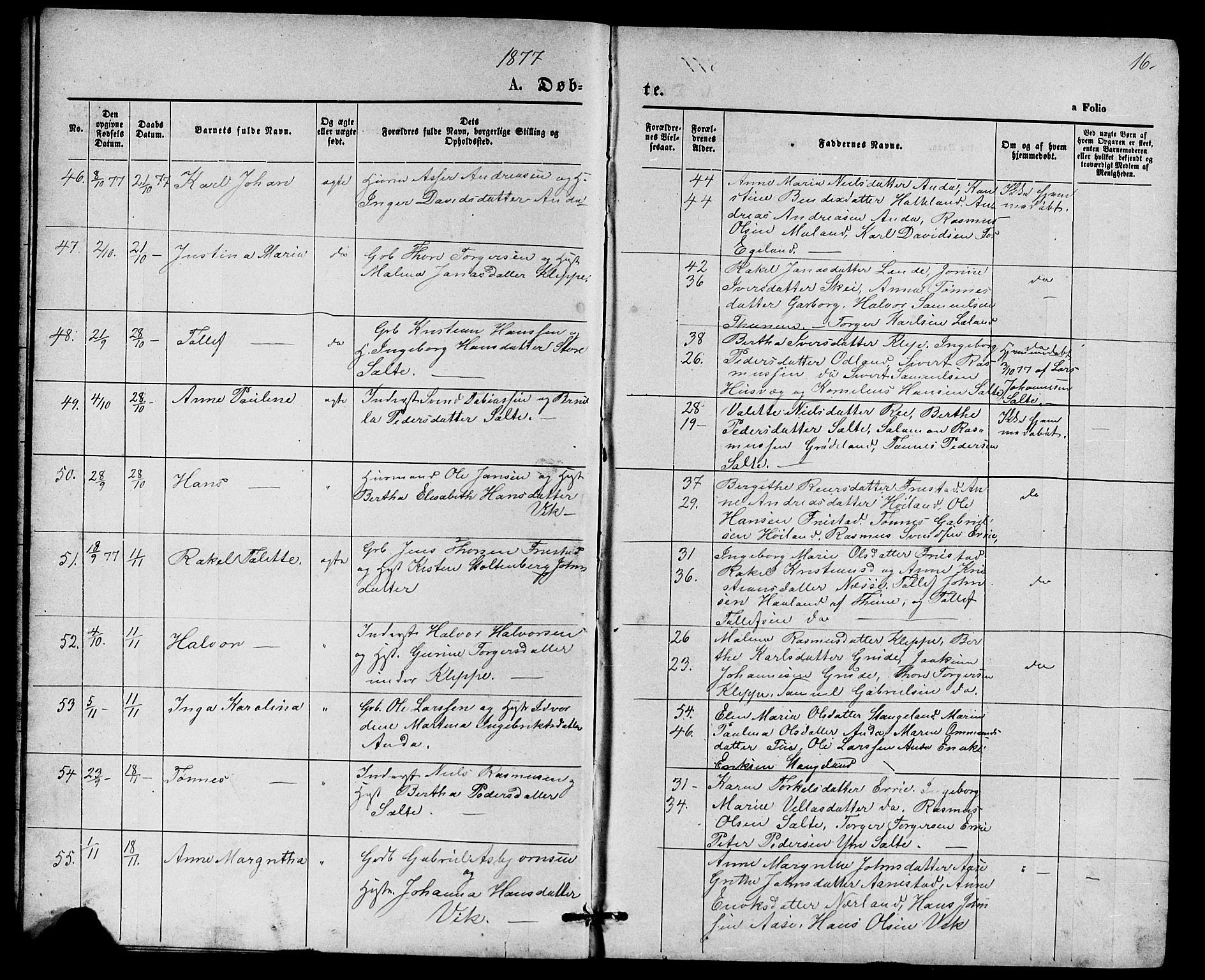 Klepp sokneprestkontor, AV/SAST-A-101803/001/3/30BB/L0003: Parish register (copy) no. B 3, 1876-1888, p. 16