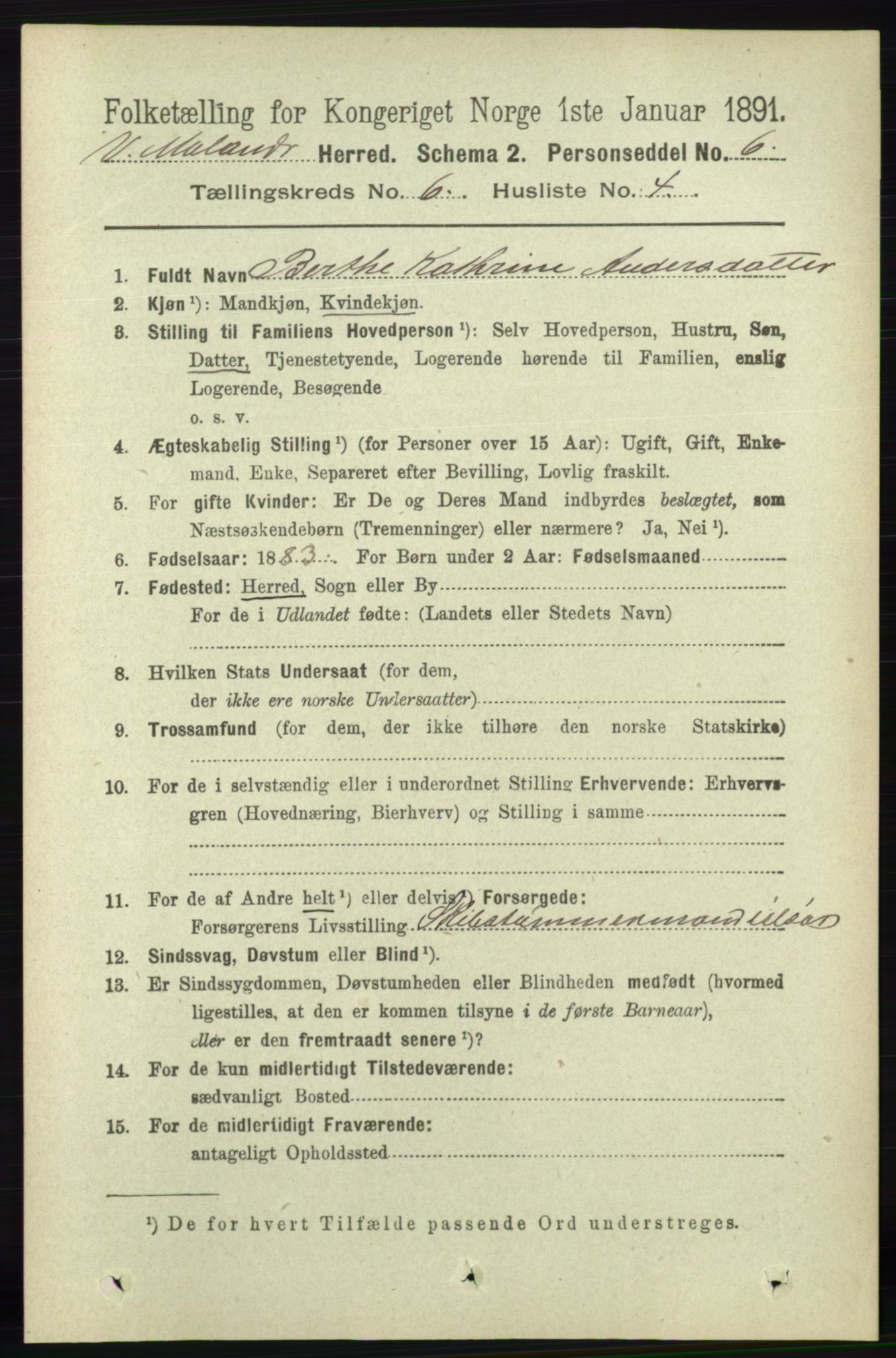 RA, 1891 census for 0926 Vestre Moland, 1891, p. 2367