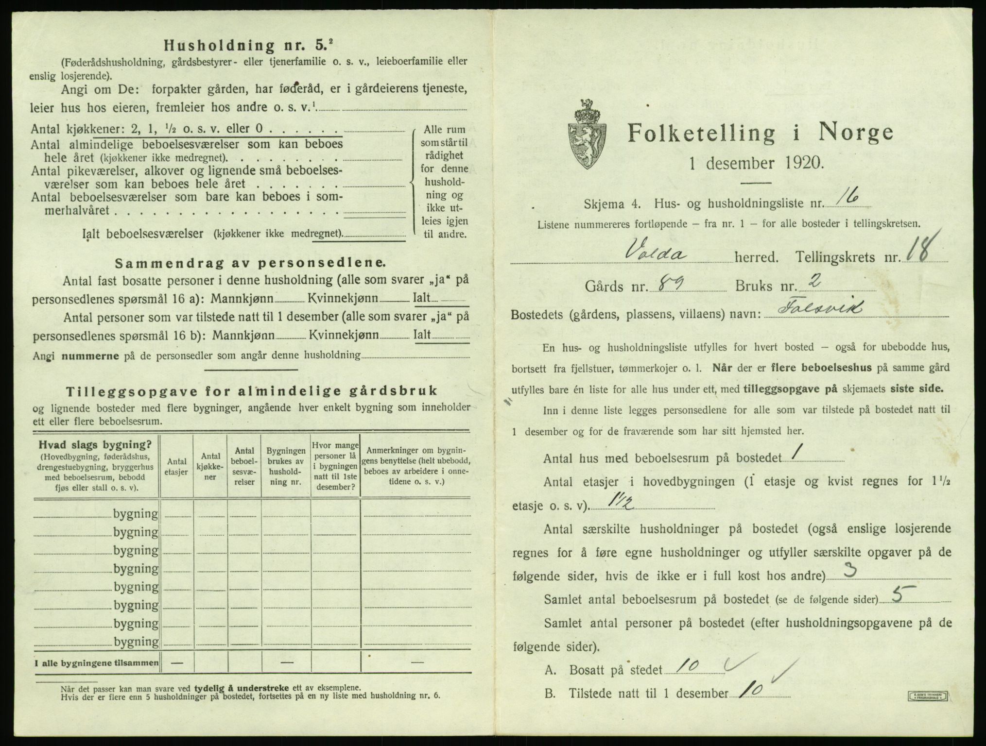 SAT, 1920 census for Volda, 1920, p. 1316