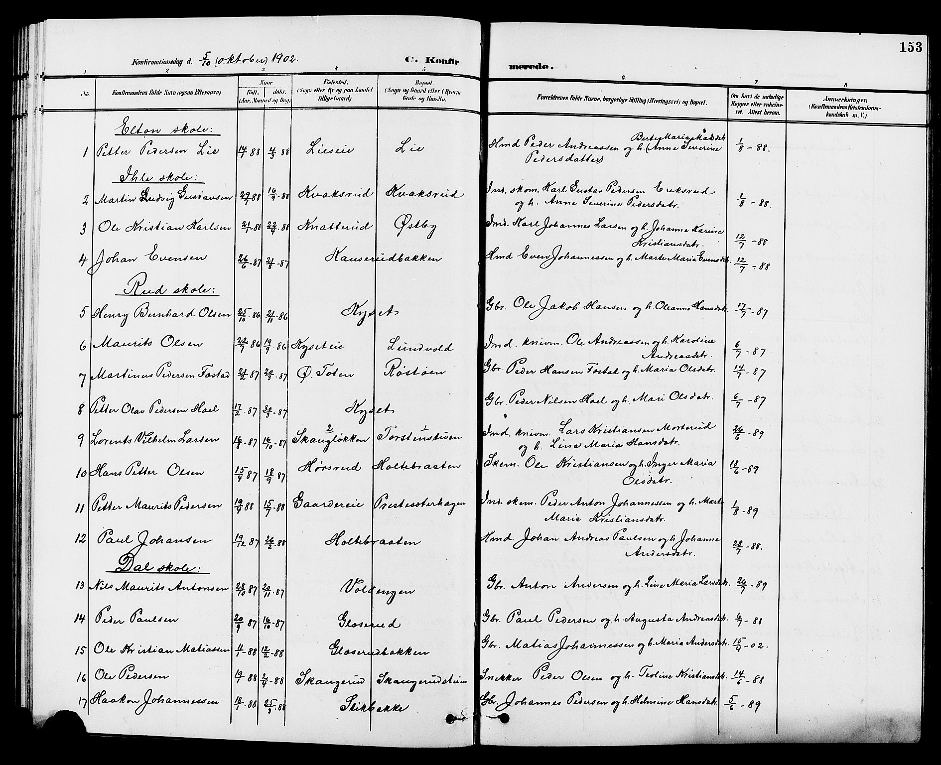 Vestre Toten prestekontor, SAH/PREST-108/H/Ha/Hab/L0010: Parish register (copy) no. 10, 1900-1912, p. 153