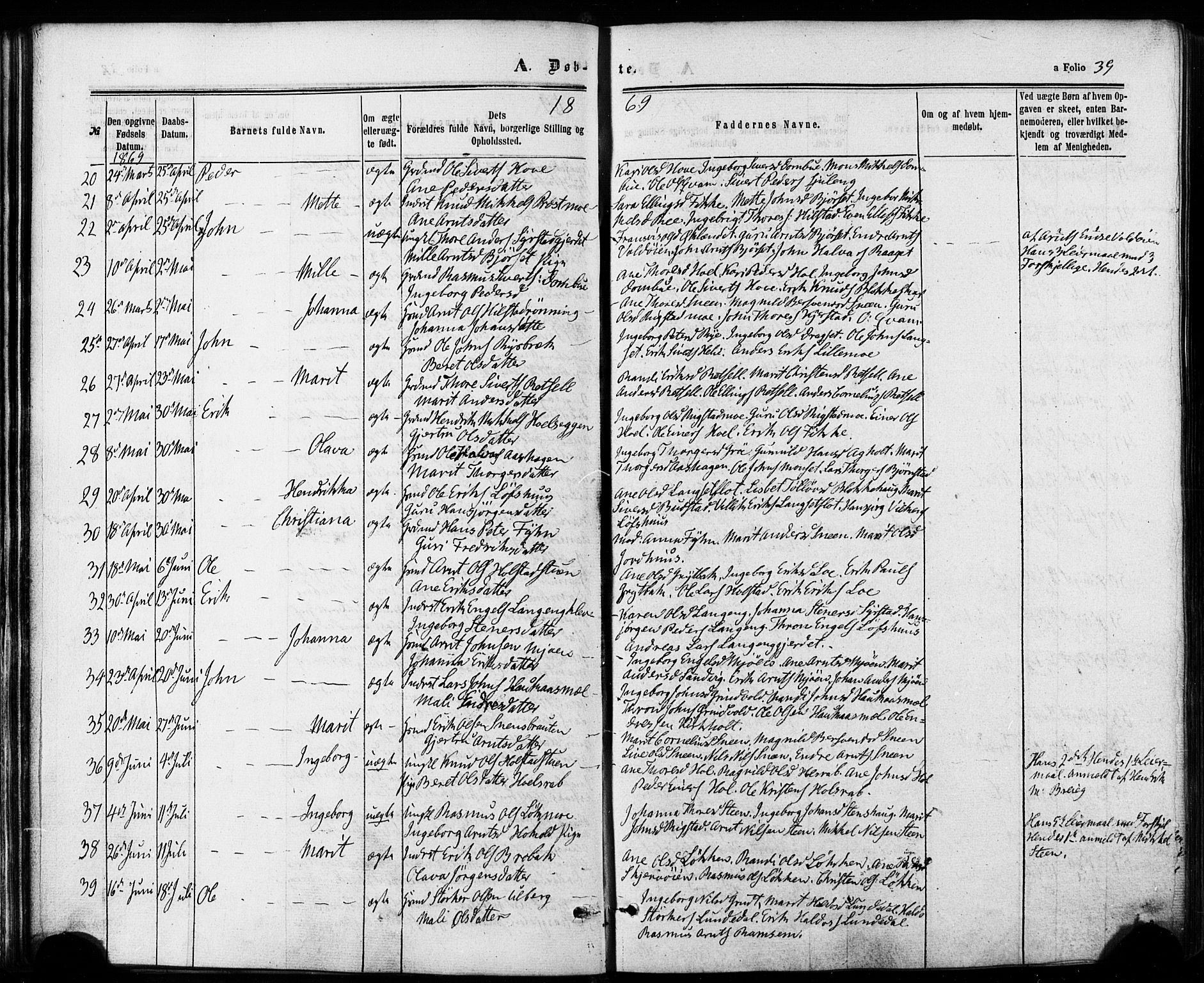 Ministerialprotokoller, klokkerbøker og fødselsregistre - Sør-Trøndelag, SAT/A-1456/672/L0856: Parish register (official) no. 672A08, 1861-1881, p. 39