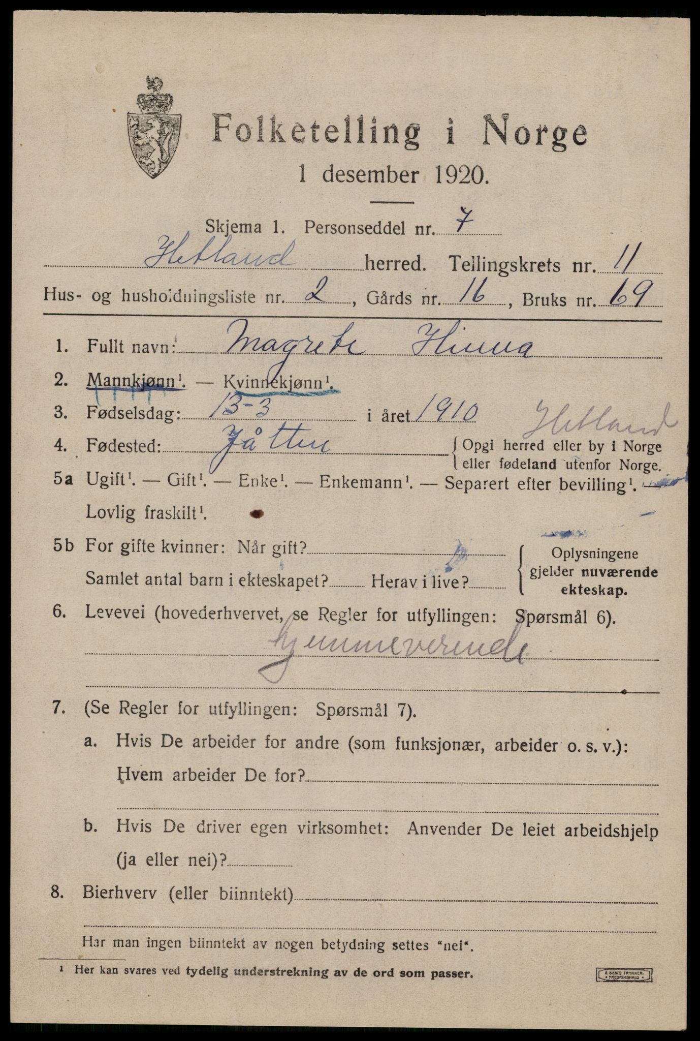 SAST, 1920 census for Hetland, 1920, p. 19961