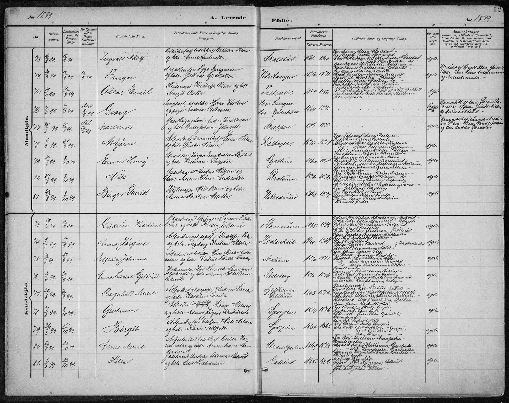 Modum kirkebøker, AV/SAKO-A-234/F/Fa/L0013: Parish register (official) no. 13, 1899-1907, p. 12