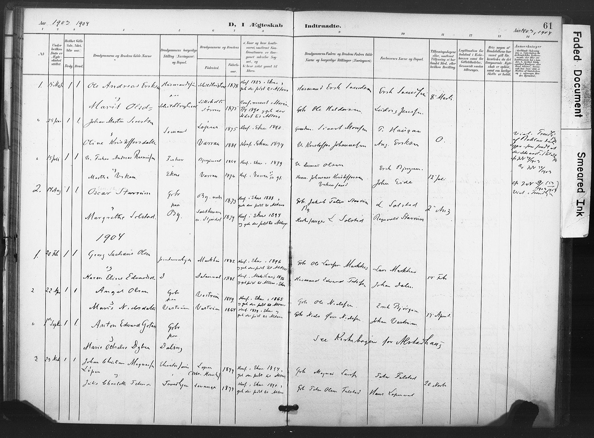 Ministerialprotokoller, klokkerbøker og fødselsregistre - Nord-Trøndelag, AV/SAT-A-1458/719/L0179: Parish register (official) no. 719A02, 1901-1923, p. 61