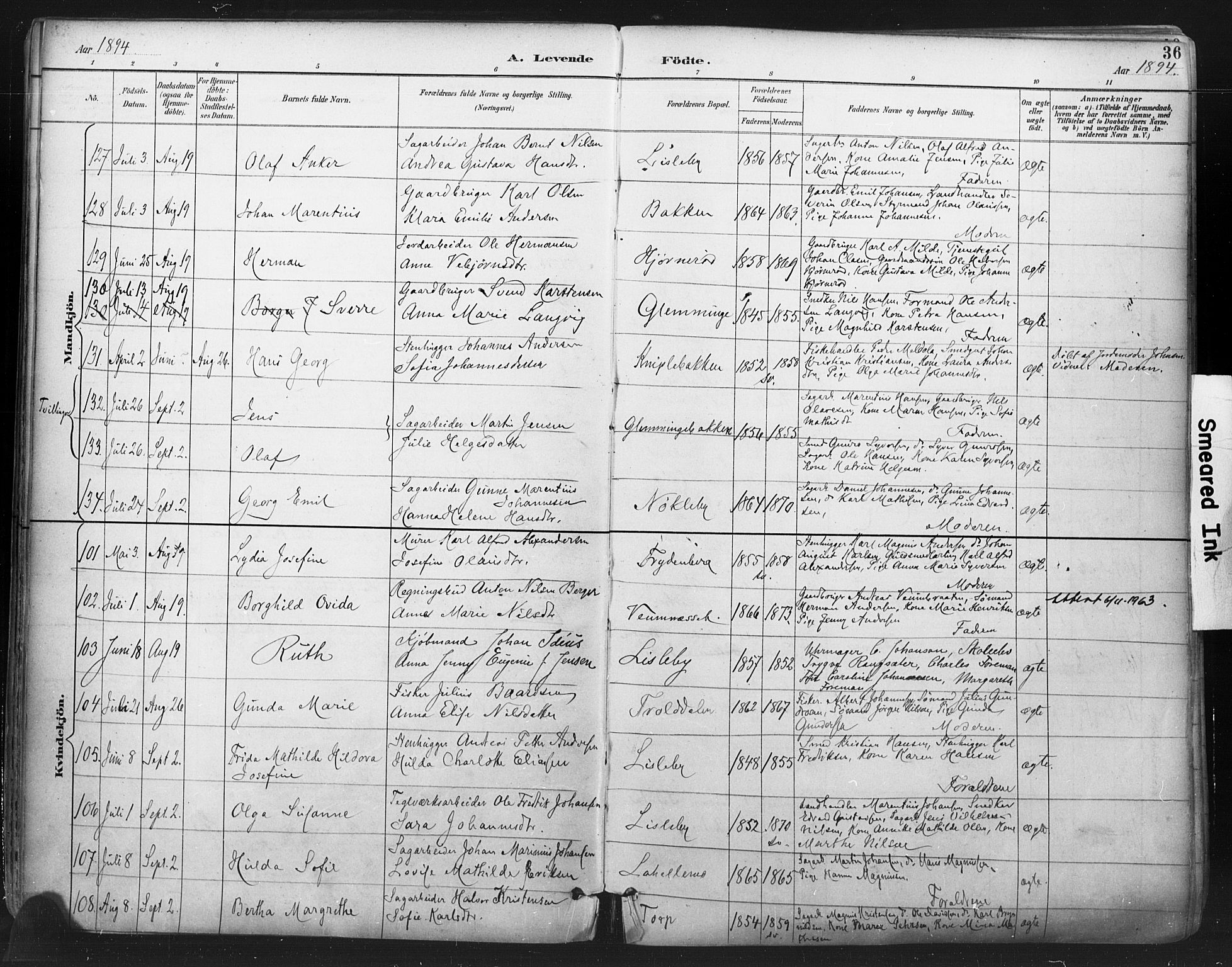 Glemmen prestekontor Kirkebøker, SAO/A-10908/F/Fa/L0013: Parish register (official) no. 13, 1892-1907, p. 36