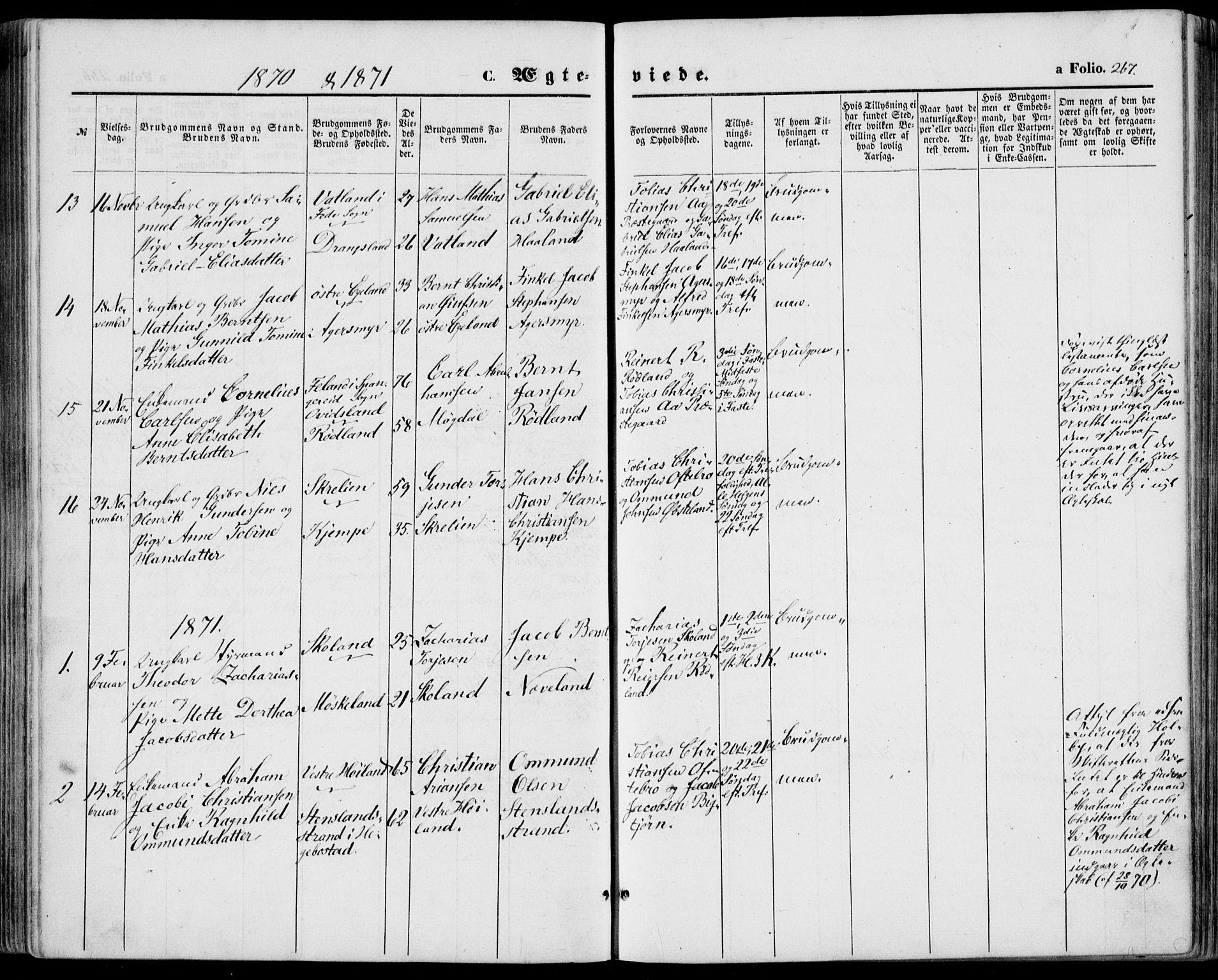 Lyngdal sokneprestkontor, SAK/1111-0029/F/Fa/Fac/L0010: Parish register (official) no. A 10, 1865-1878, p. 267