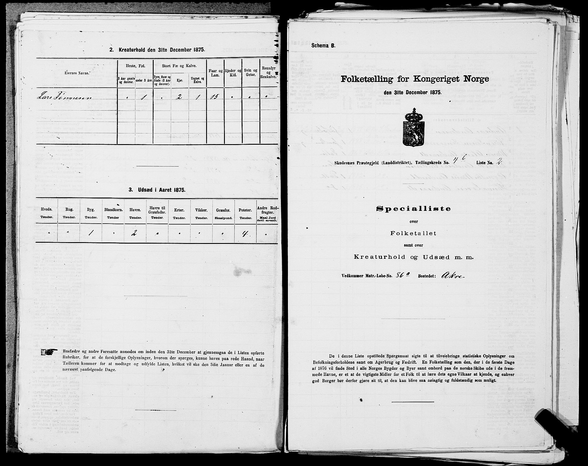 SAST, 1875 census for 1150L Skudenes/Falnes, Åkra og Ferkingstad, 1875, p. 400