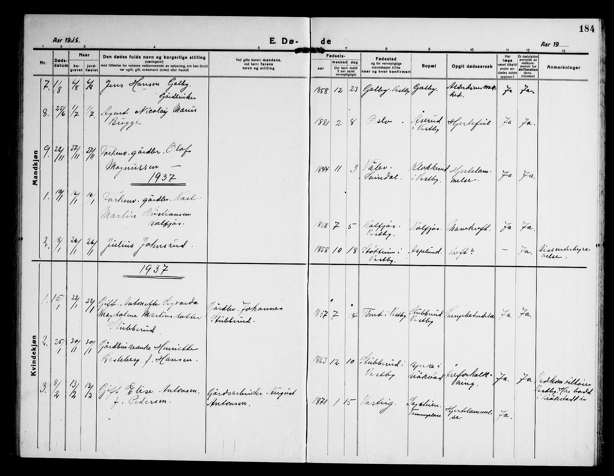 Vestby prestekontor Kirkebøker, AV/SAO-A-10893/G/Ga/L0003: Parish register (copy) no. I 3, 1917-1947, p. 184