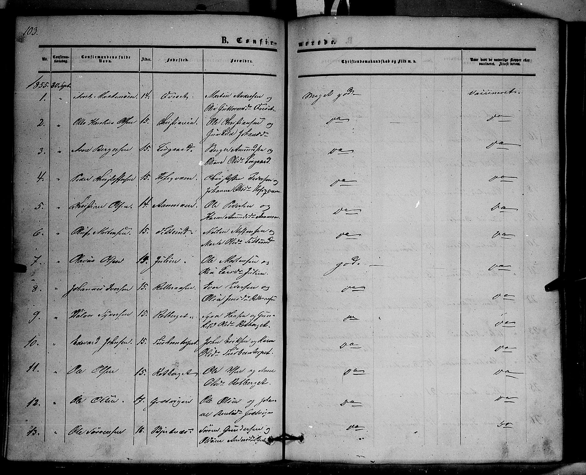 Hof prestekontor, SAH/PREST-038/H/Ha/Haa/L0008: Parish register (official) no. 8, 1849-1861, p. 103