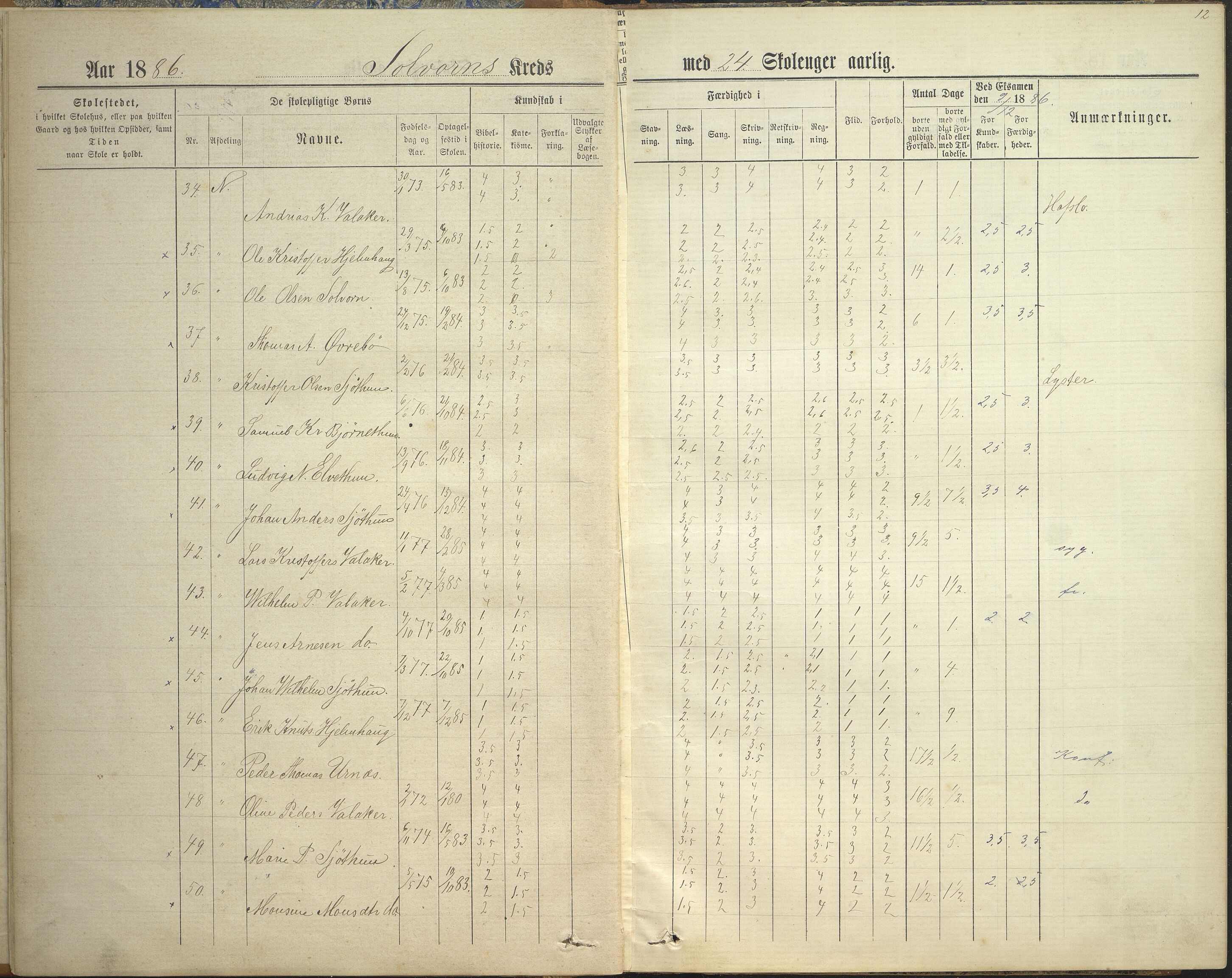 Hafslo kommune. Solvorn skule, VLFK/K-14250.520.05/542/L0001: skuleprotokoll for Solvorn skule og Eikestrand krins, 1884-1893, p. 12