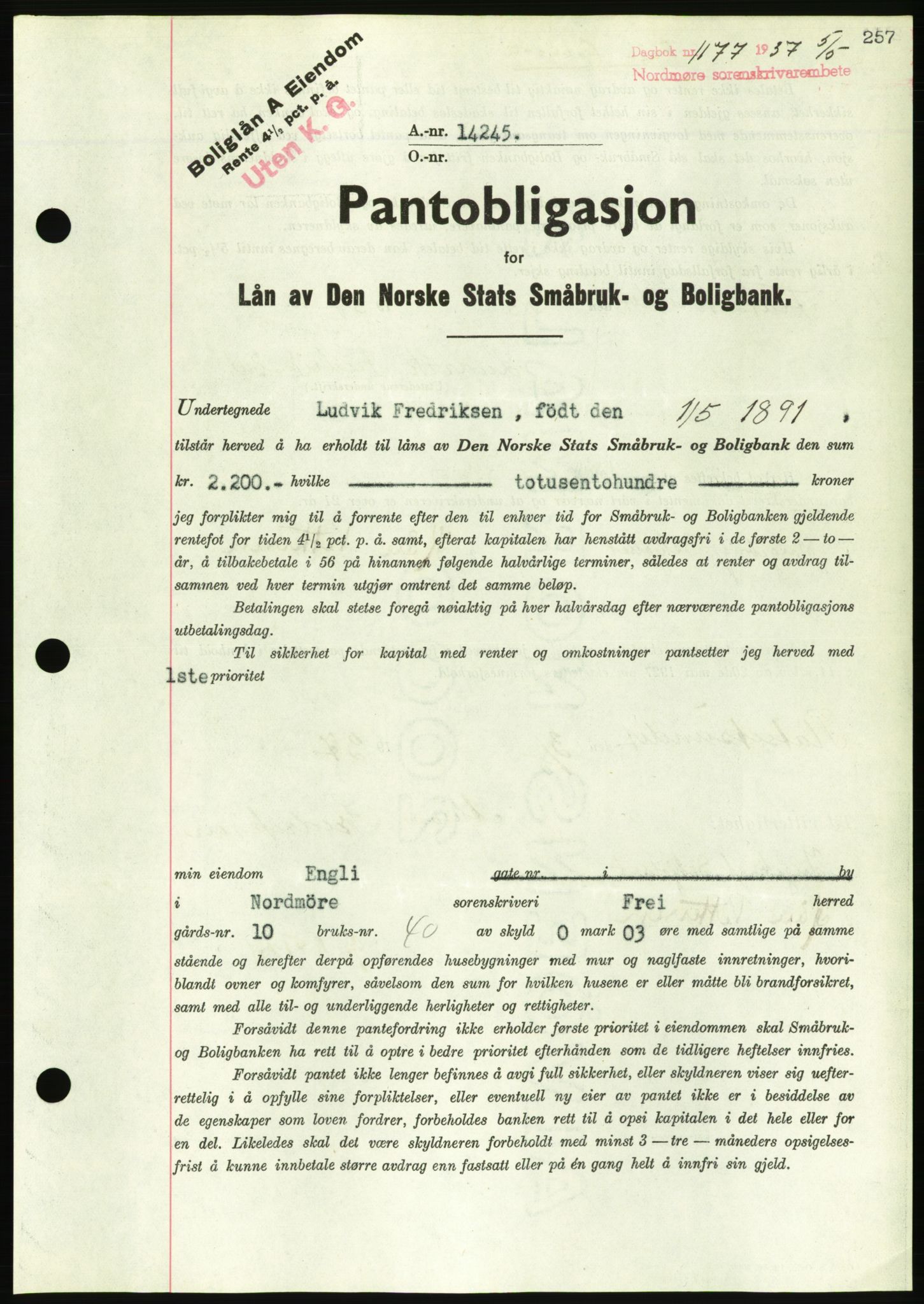 Nordmøre sorenskriveri, AV/SAT-A-4132/1/2/2Ca/L0091: Mortgage book no. B81, 1937-1937, Diary no: : 1177/1937