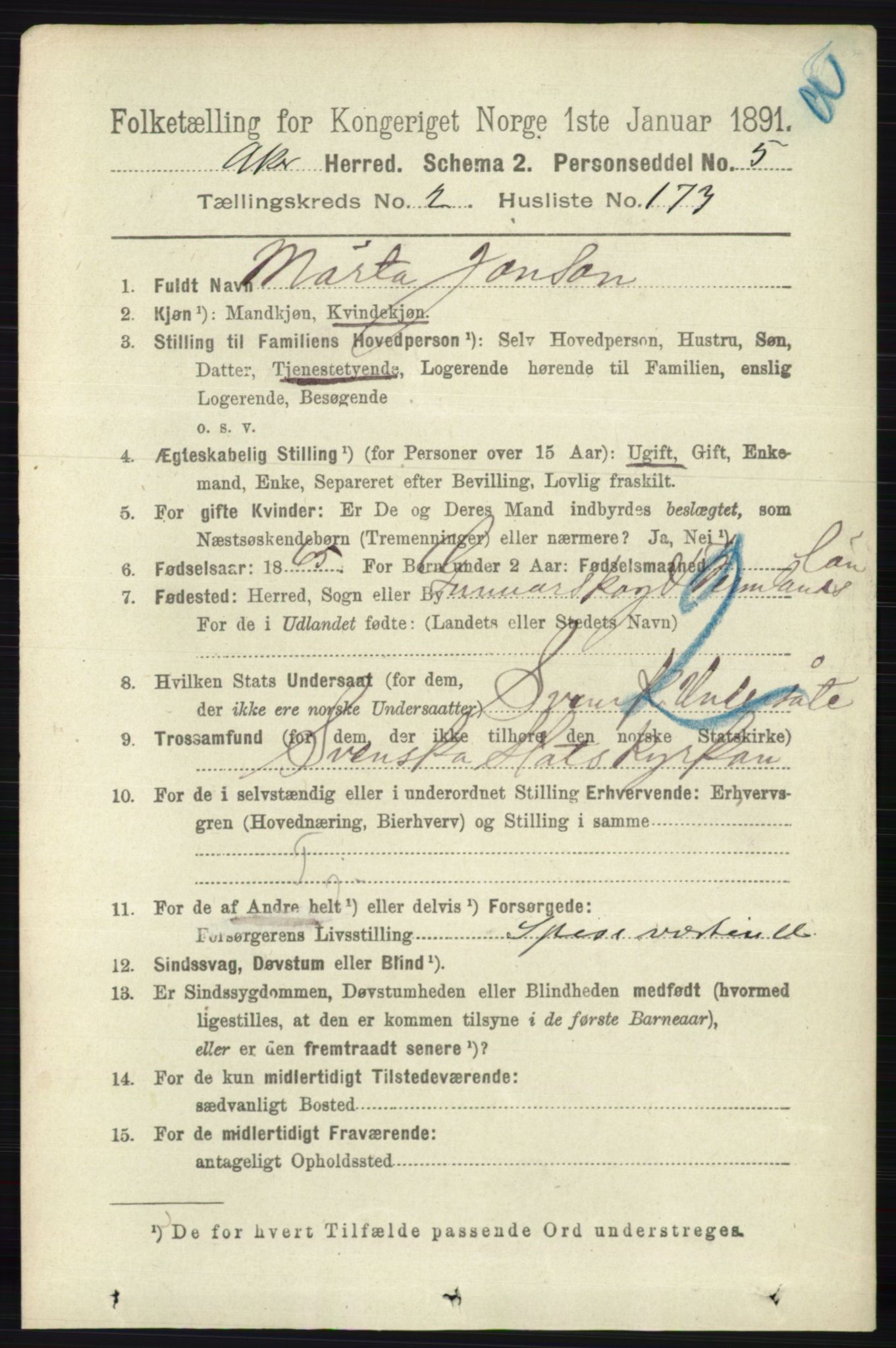 RA, 1891 census for 0218 Aker, 1891, p. 2825