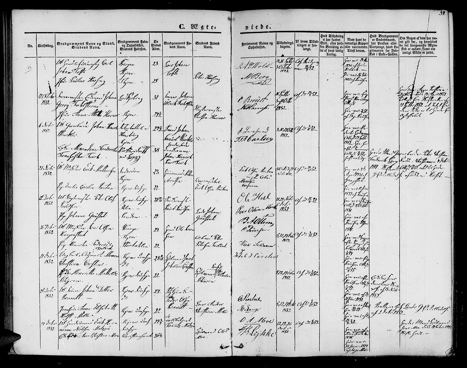 Ministerialprotokoller, klokkerbøker og fødselsregistre - Sør-Trøndelag, SAT/A-1456/602/L0111: Parish register (official) no. 602A09, 1844-1867, p. 39