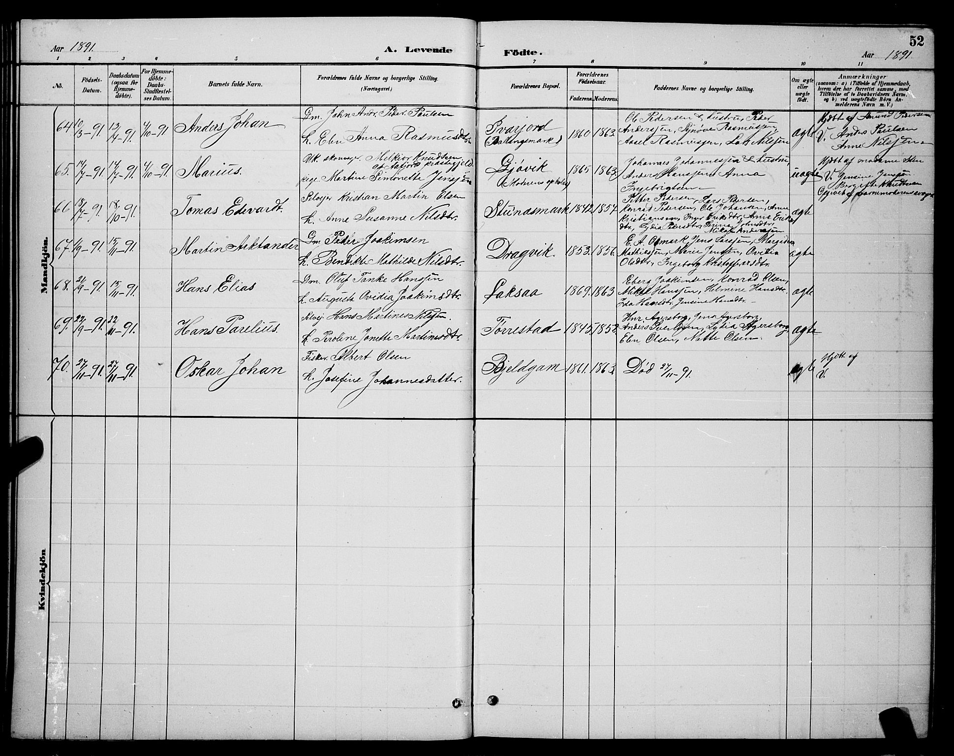 Ministerialprotokoller, klokkerbøker og fødselsregistre - Nordland, AV/SAT-A-1459/863/L0914: Parish register (copy) no. 863C04, 1886-1897, p. 52