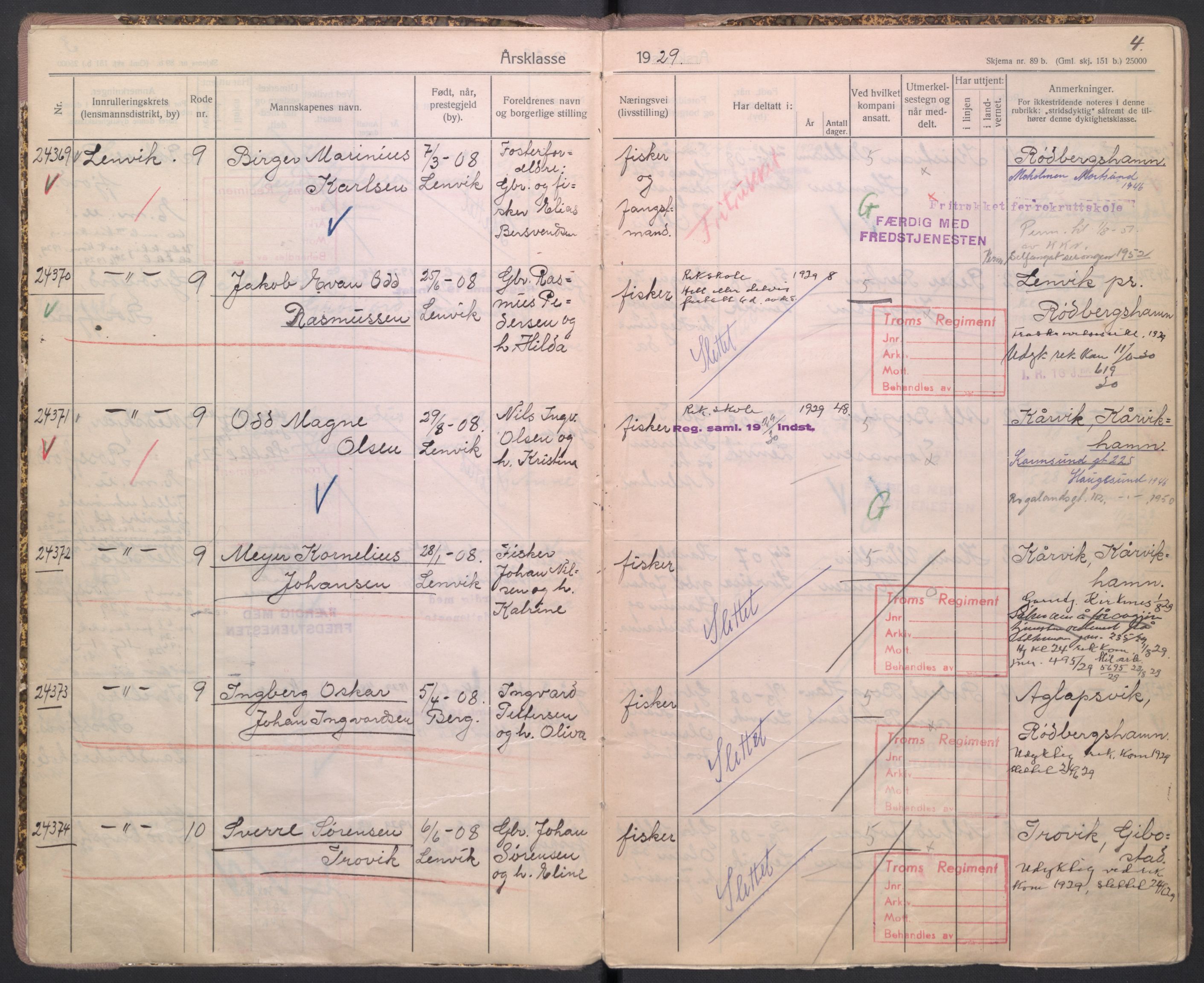 Forsvaret, Troms infanteriregiment nr. 16, AV/RA-RAFA-3146/P/Pa/L0005/0001: Ruller / Rulle for Bardu bataljons menige mannskaper, årsklasse 1929, 1929, p. 4