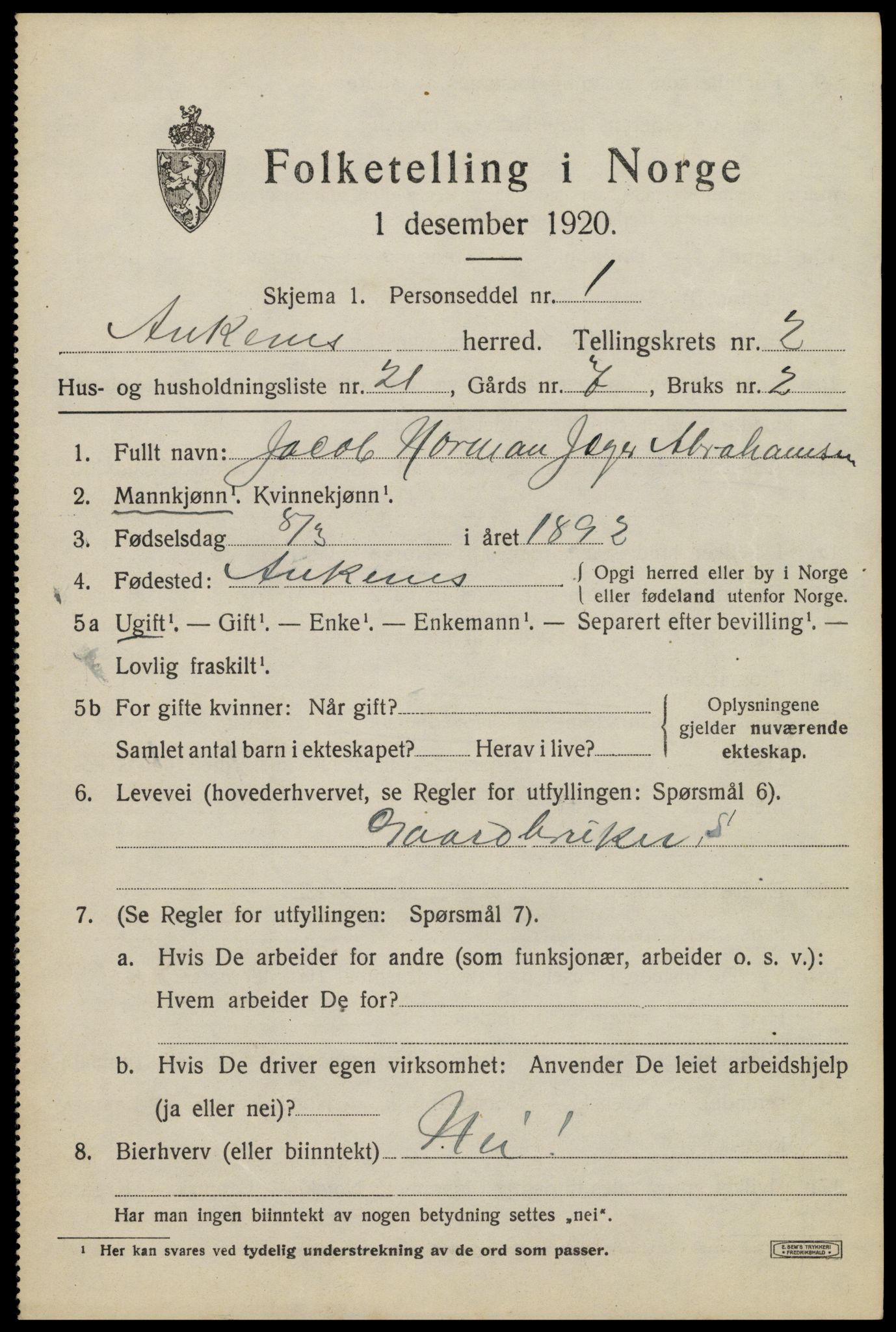 SAT, 1920 census for Ankenes, 1920, p. 1649