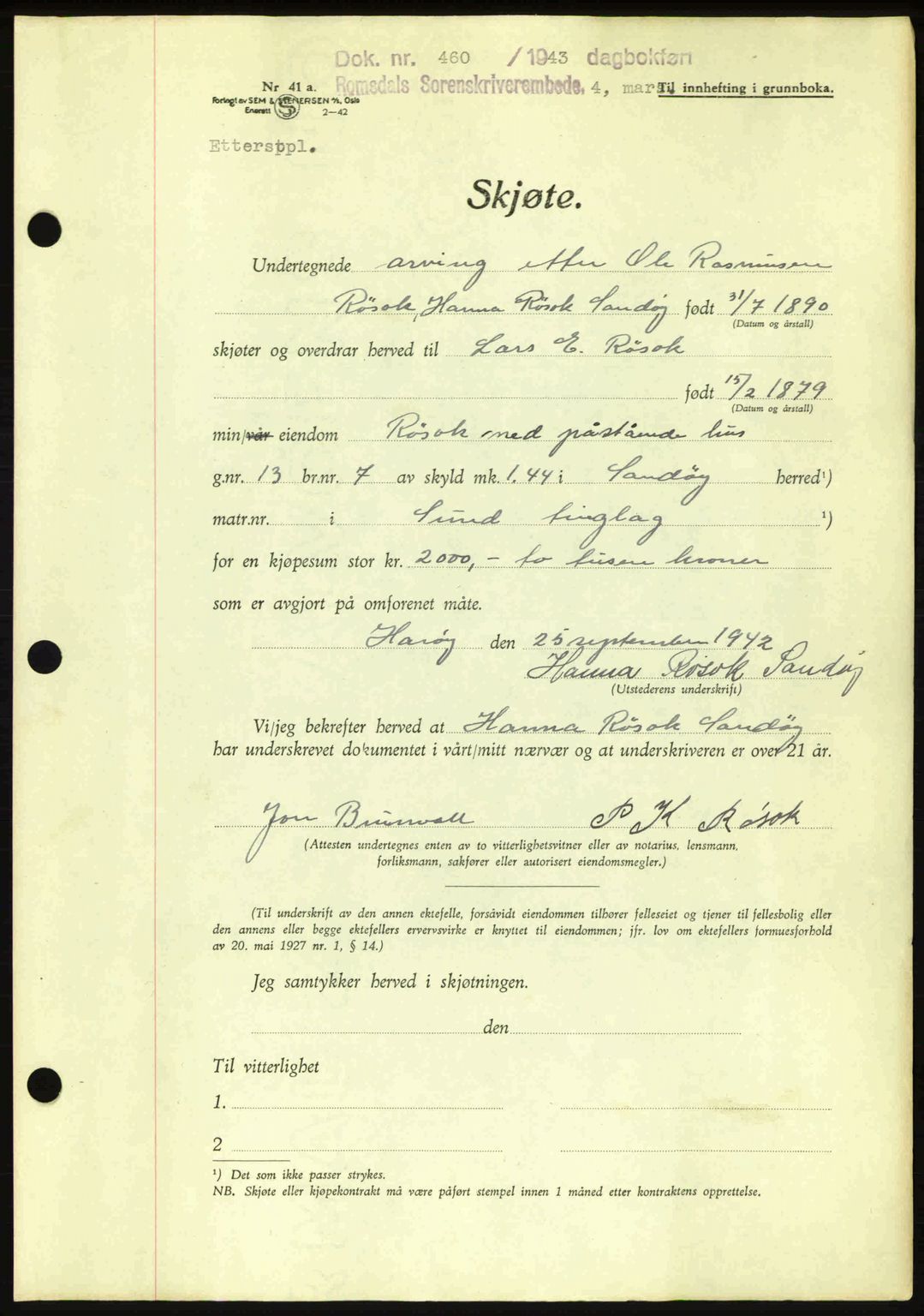 Romsdal sorenskriveri, AV/SAT-A-4149/1/2/2C: Mortgage book no. A14, 1943-1943, Diary no: : 460/1943