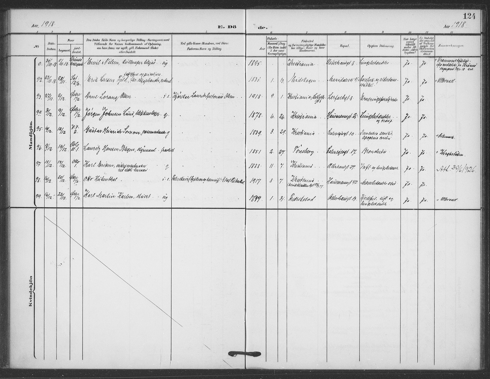 Jakob prestekontor Kirkebøker, SAO/A-10850/F/Fa/L0011: Parish register (official) no. 11, 1906-1920, p. 124