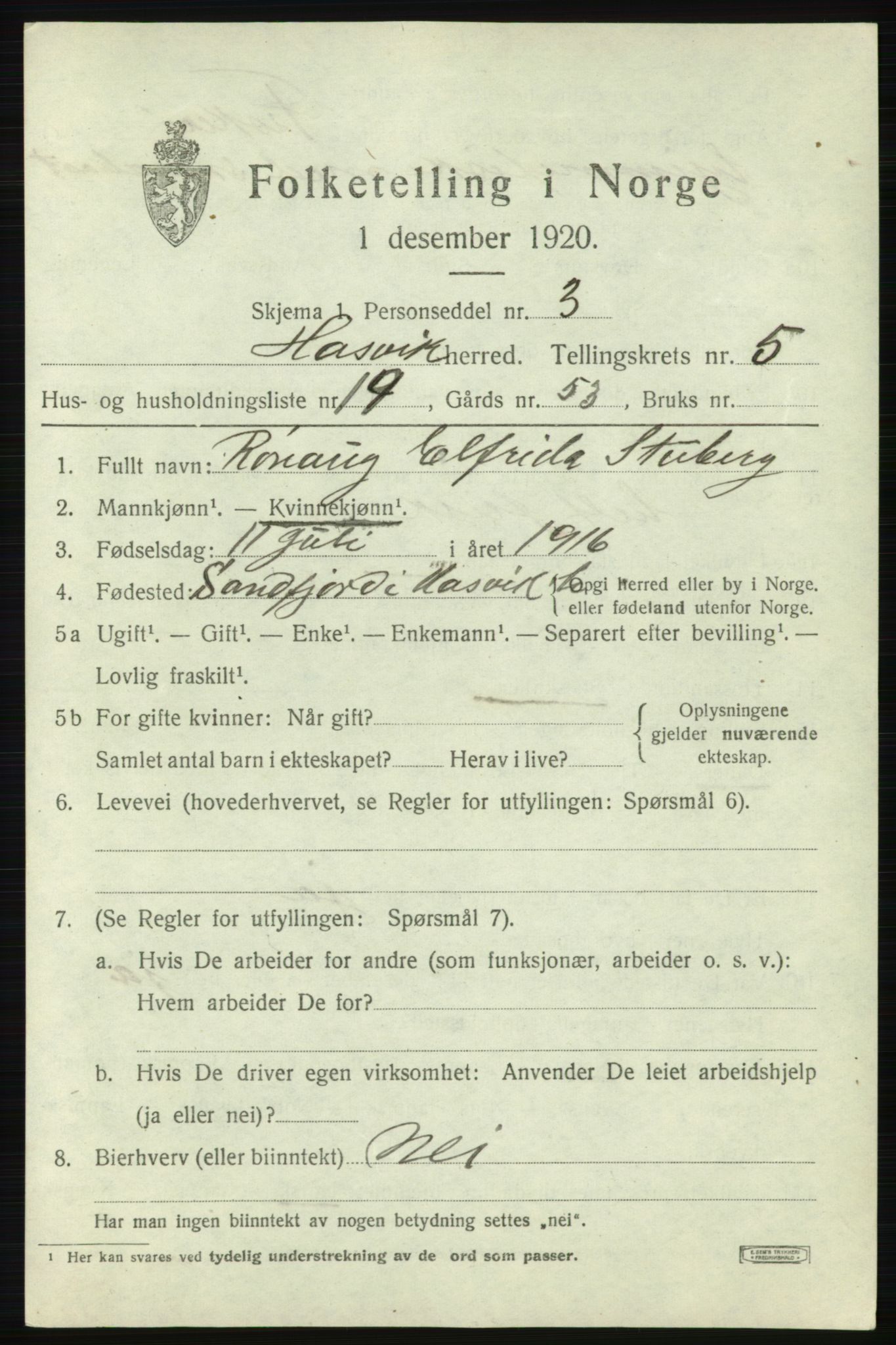 SATØ, 1920 census for Hasvik, 1920, p. 2549