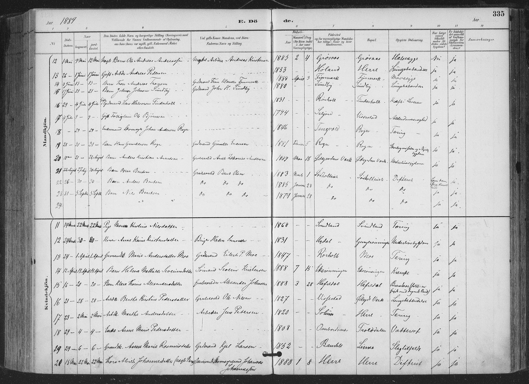 Bamble kirkebøker, AV/SAKO-A-253/F/Fa/L0008: Parish register (official) no. I 8, 1888-1900, p. 335