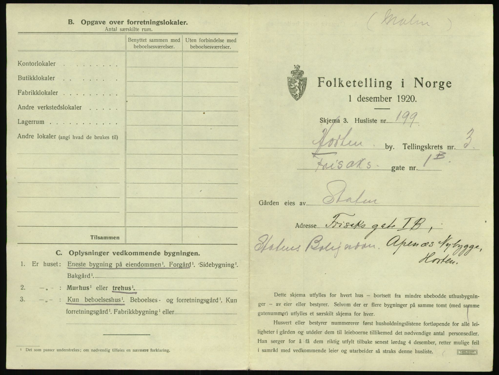 SAKO, 1920 census for Horten, 1920, p. 1185