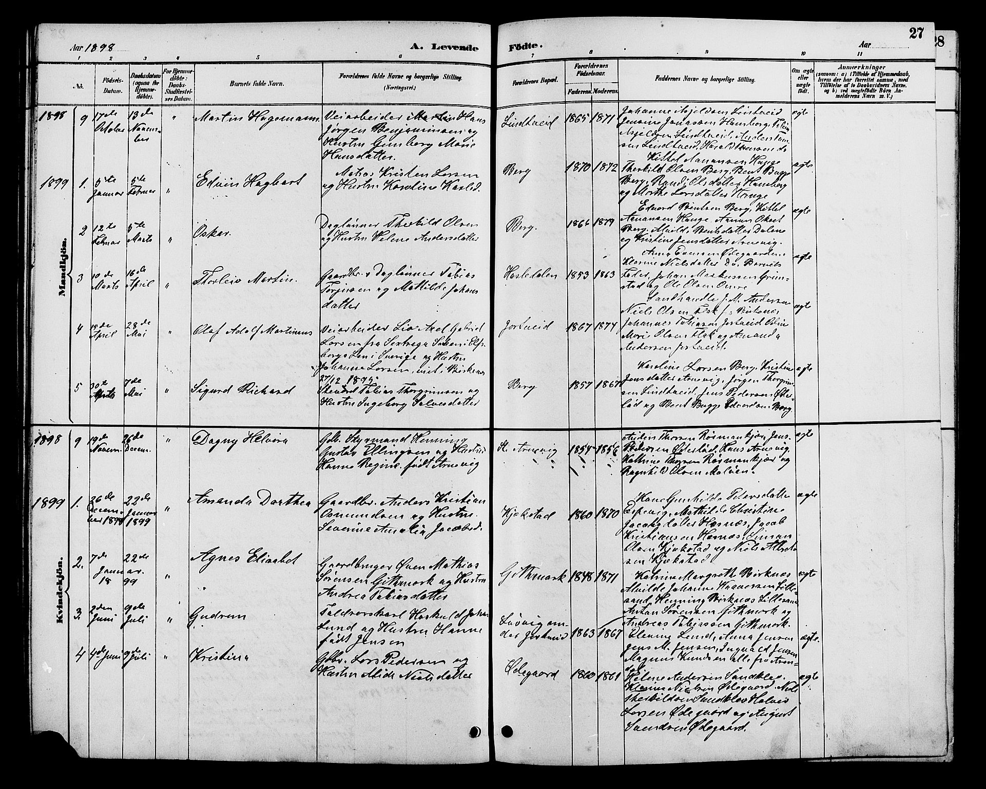 Hommedal sokneprestkontor, SAK/1111-0023/F/Fb/Fba/L0004: Parish register (copy) no. B 4, 1885-1908, p. 27