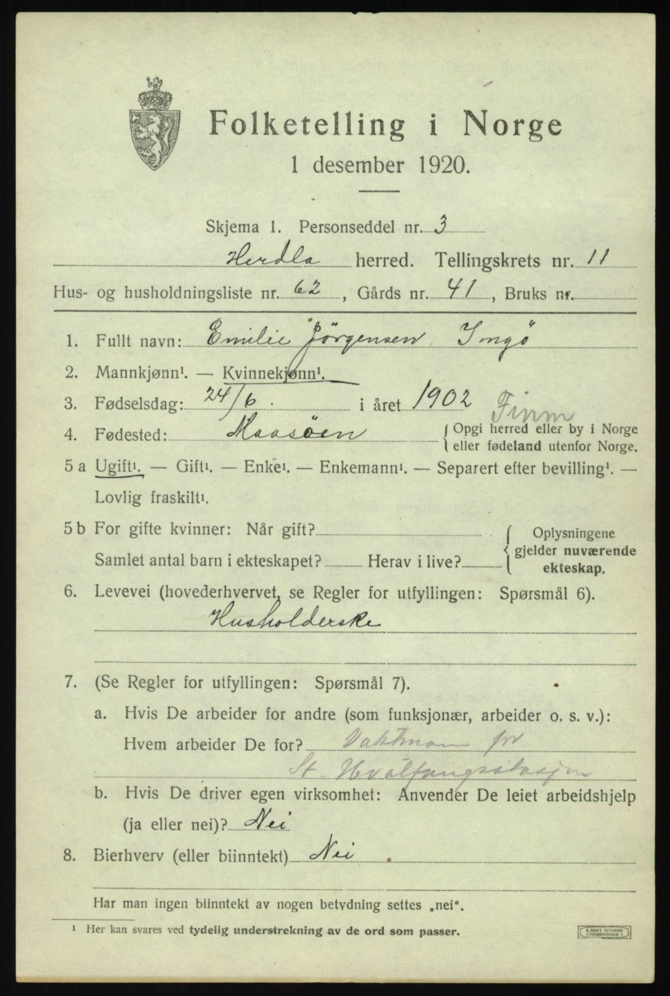 SAB, 1920 census for Herdla, 1920, p. 8327