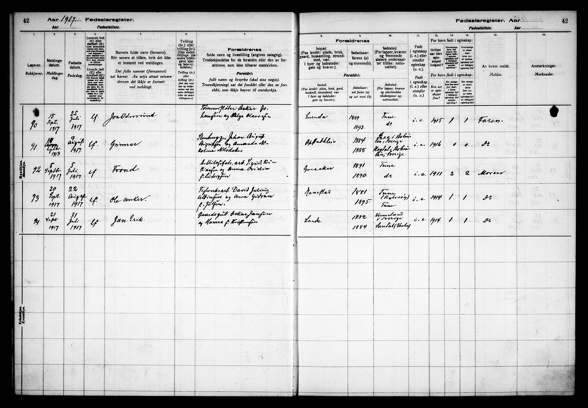 Tune prestekontor Kirkebøker, AV/SAO-A-2007/J/Ja/L0001: Birth register no. I 1, 1916-1928, p. 42