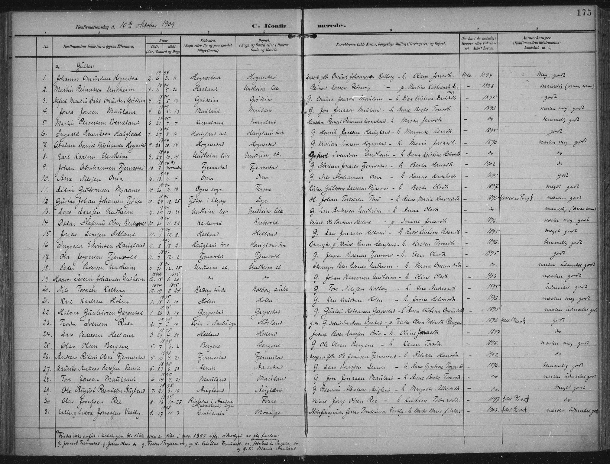 Lye sokneprestkontor, AV/SAST-A-101794/002/A/L0001: Parish register (official) no. A 12, 1904-1920, p. 175