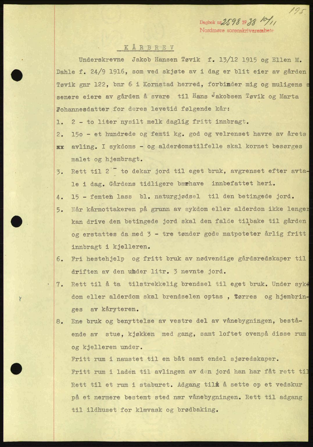 Nordmøre sorenskriveri, SAT/A-4132/1/2/2Ca: Mortgage book no. B84, 1938-1939, Diary no: : 2598/1938