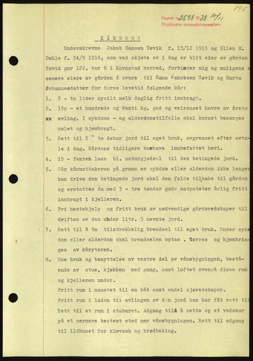 Nordmøre sorenskriveri, AV/SAT-A-4132/1/2/2Ca: Mortgage book no. B84, 1938-1939, Diary no: : 2598/1938