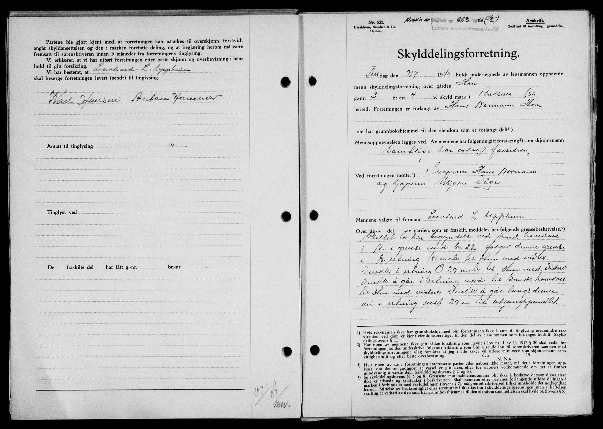 Lofoten sorenskriveri, SAT/A-0017/1/2/2C/L0014a: Mortgage book no. 14a, 1946-1946, Diary no: : 883/1946