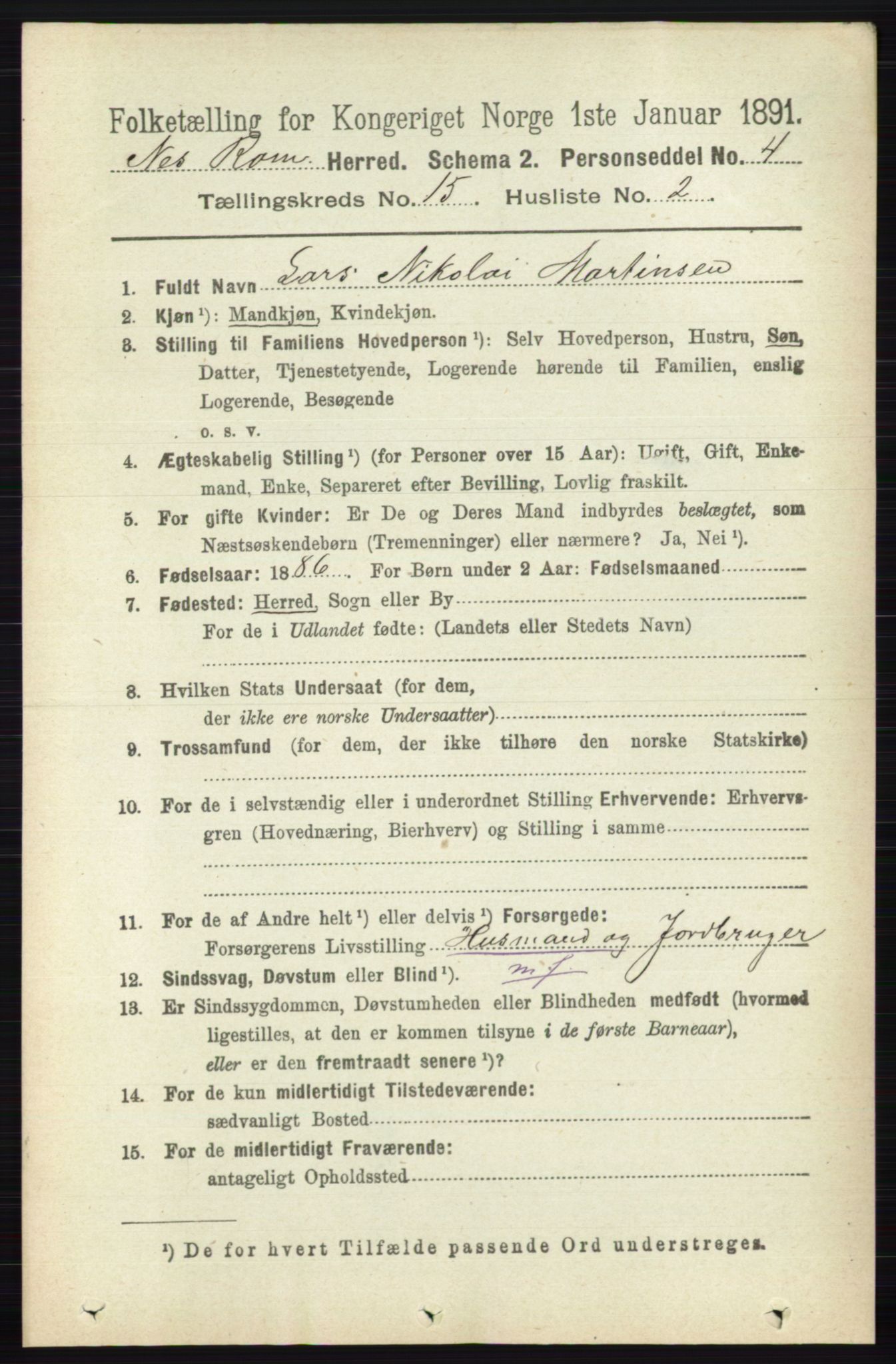 RA, 1891 census for 0236 Nes, 1891, p. 9011