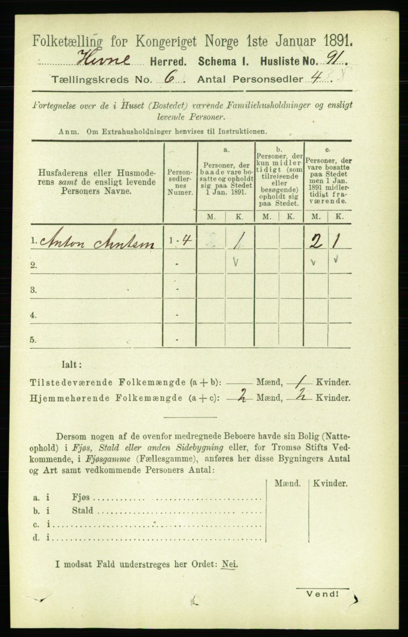 RA, 1891 census for 1612 Hemne, 1891, p. 3405