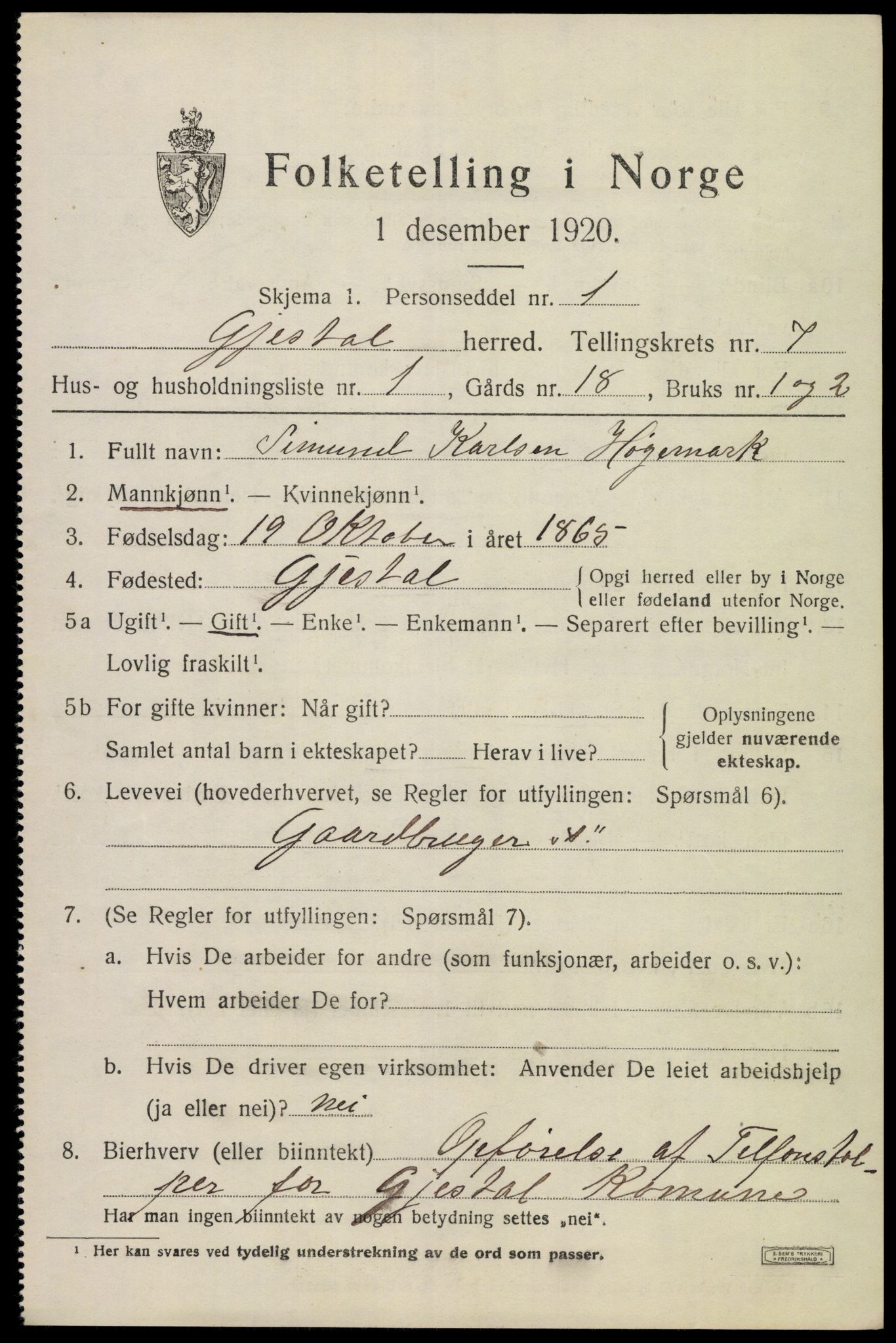 SAST, 1920 census for Gjesdal, 1920, p. 3572