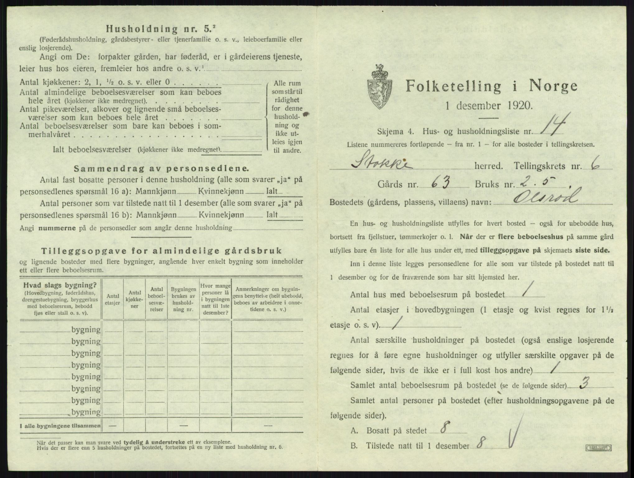 SAKO, 1920 census for Stokke, 1920, p. 1126