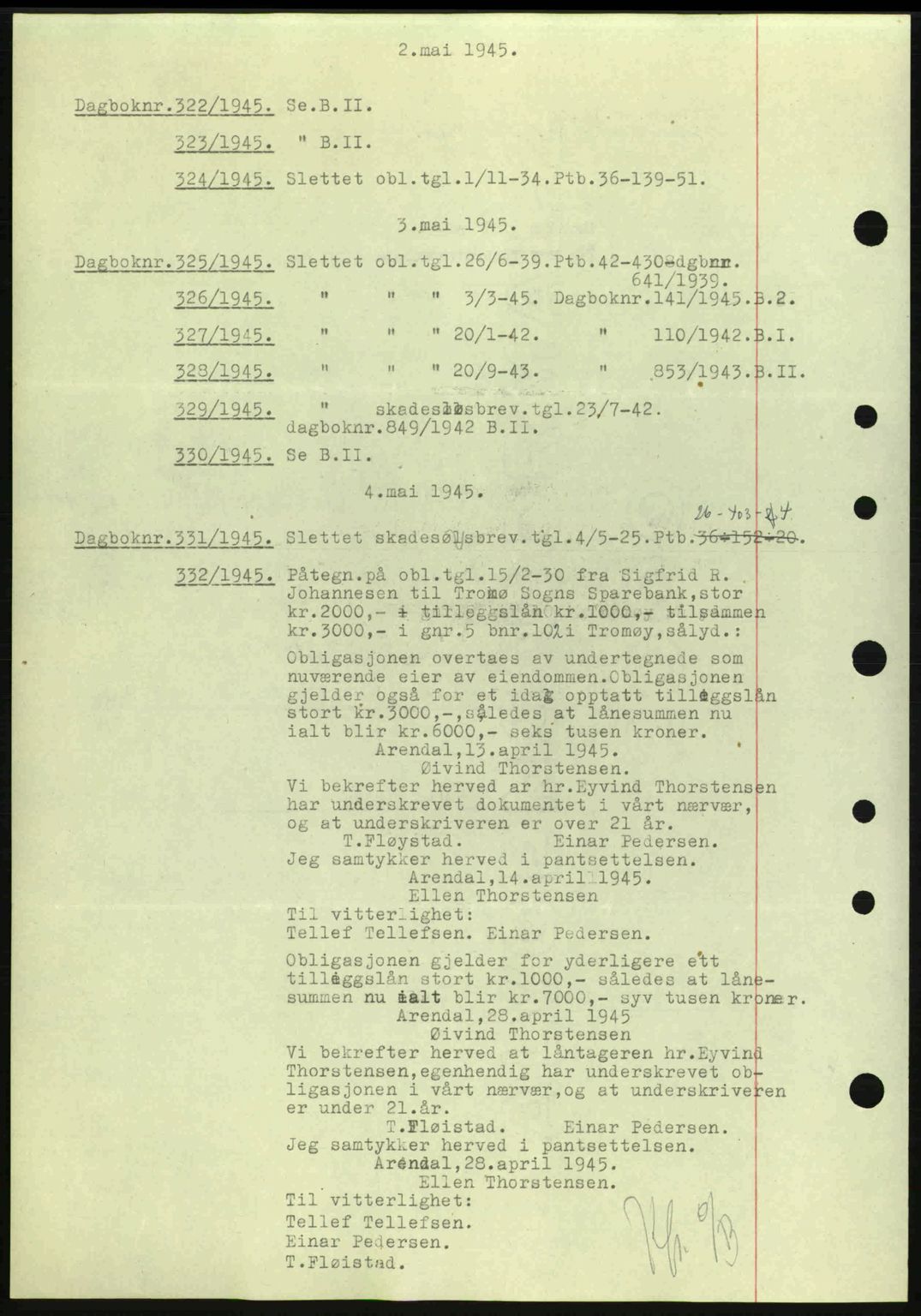 Nedenes sorenskriveri, SAK/1221-0006/G/Gb/Gba/L0052: Mortgage book no. A6a, 1944-1945, Diary no: : 322/1945