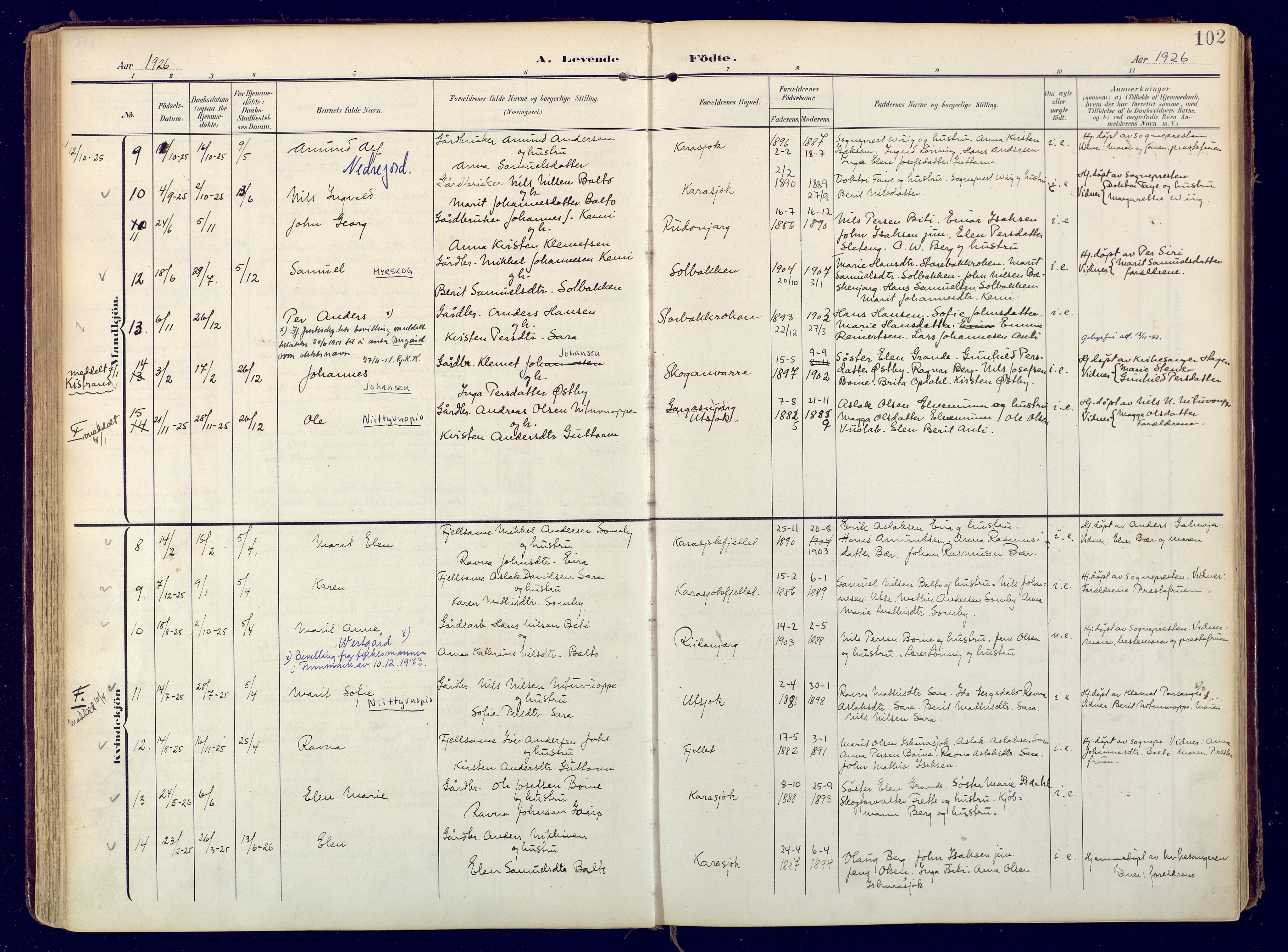 Karasjok sokneprestkontor, AV/SATØ-S-1352/H/Ha: Parish register (official) no. 3, 1907-1926, p. 102