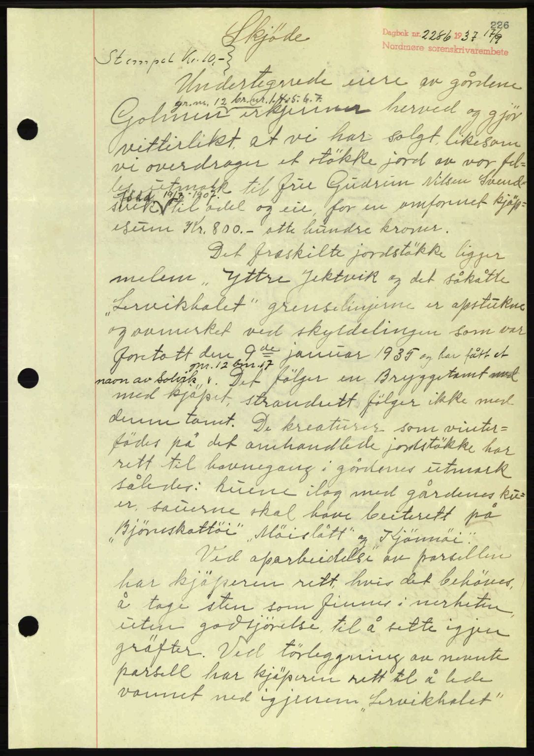 Nordmøre sorenskriveri, AV/SAT-A-4132/1/2/2Ca: Mortgage book no. A82, 1937-1938, Diary no: : 2286/1937