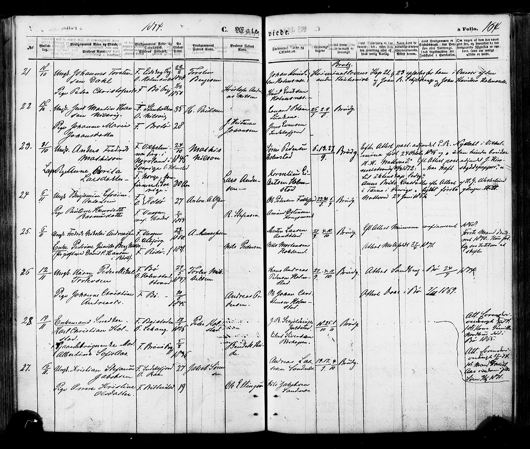 Ministerialprotokoller, klokkerbøker og fødselsregistre - Nordland, SAT/A-1459/888/L1242: Parish register (official) no. 888A08, 1870-1875, p. 164